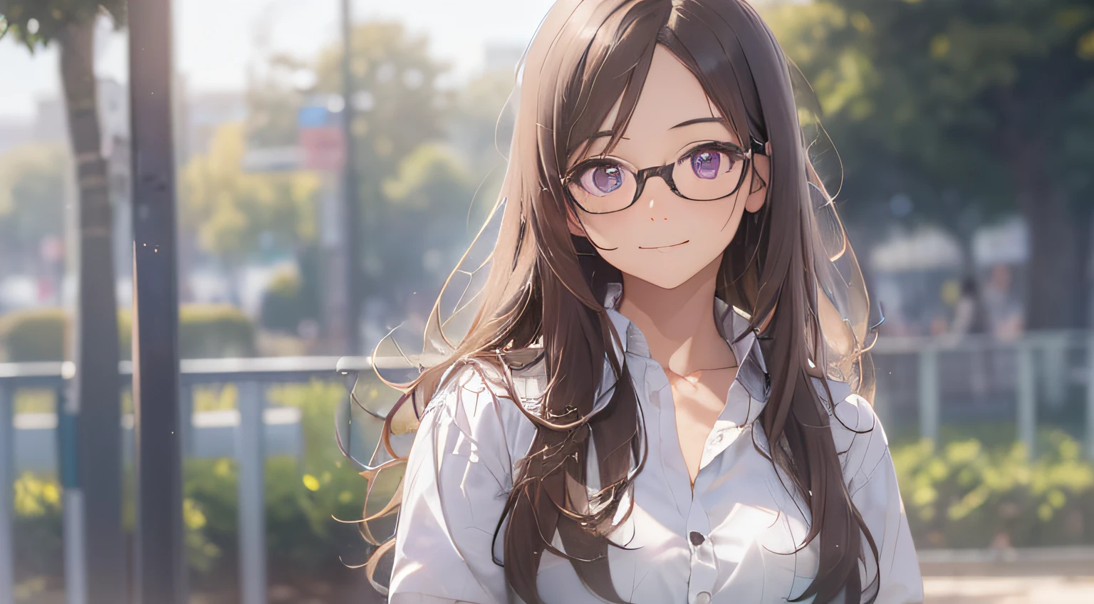 masterpiece、top-quality、(brown colored long hair:1.1)、25 year old woman with purple eyes、wears glasses、Wearing a gray suit、white shirt、(flat breast:1.1)、(A slightly smiling look:1.3)、(Staring:1.5)、(Close-up of the subject's face:1.3)、Place the camera above the subject、The background is a park、Bold composition、Upper body is shown、Alone、