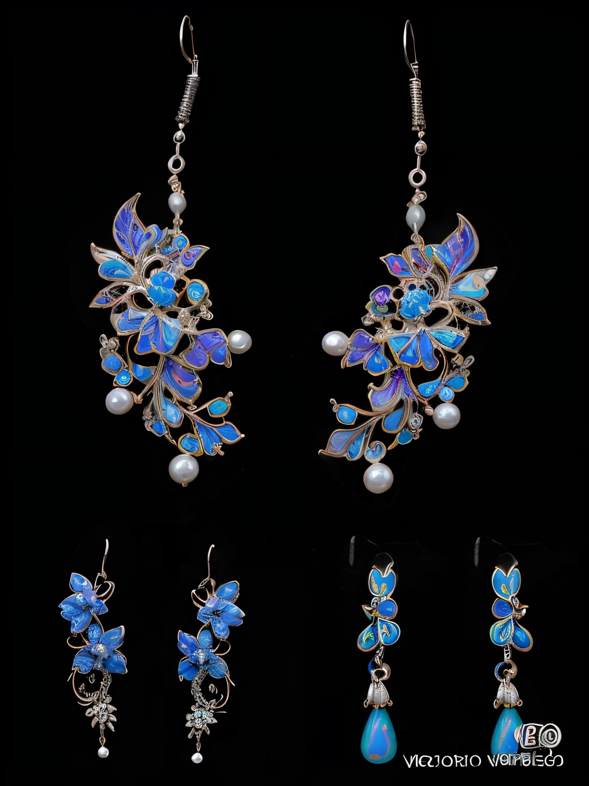 Close-up of a pair of pearl and blue flower earrings, hyperrealistic art nouveau, earring design, jewelry photography, oriental art nouveau, 耳Nipple Ring, 耳Nipple Ring. The is very detailed, jewelry iridescence, Silver two-tone details, opal petals, 3 4 5 3 1, Art Nouveau accents, 耳Nipple Ring, opal statues adorned in jewels, Colorful art nouveau style