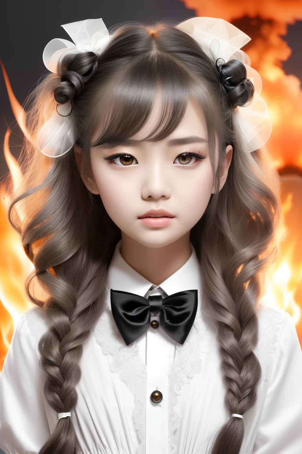 tmasterpiece,Best quality at best, illustratio,{Beautiful Meticulous Girl},Beautiful and detailed light,(flame of war:1.2),(nuclear explosion behind:1.3),Sateen,Detailed lighting,detailed water,(美丽细致的眼睛:1.1),face expressionless,palace,Azure hair,ldisheveled hair,with long bangs,hairs between eyes,(whitegreydress:1.1),black ribbon,white bowties,diaphragm,big forehead,Straight eyes,florals,longer sleeves