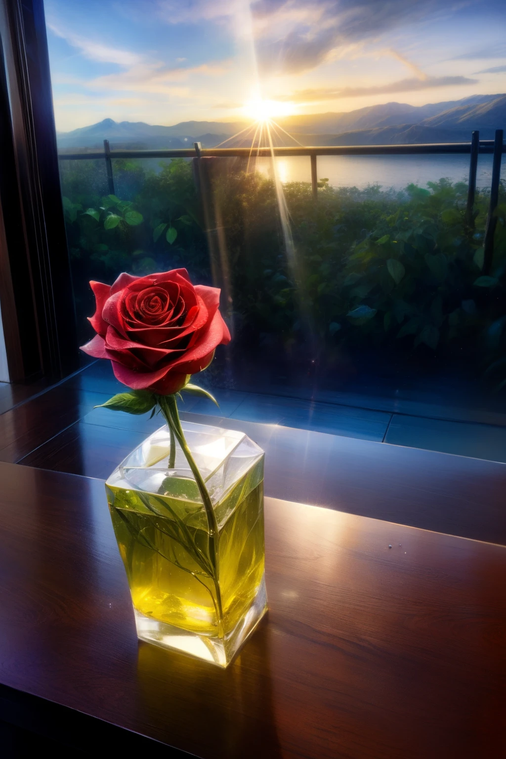 Sunlight through the crystal glass on the seaside, With mountains as a backdrop, Conventional classical special-shaped glass, Open from above, hereinafter, Next to the glass, this is a red rose, High quality realistic photography