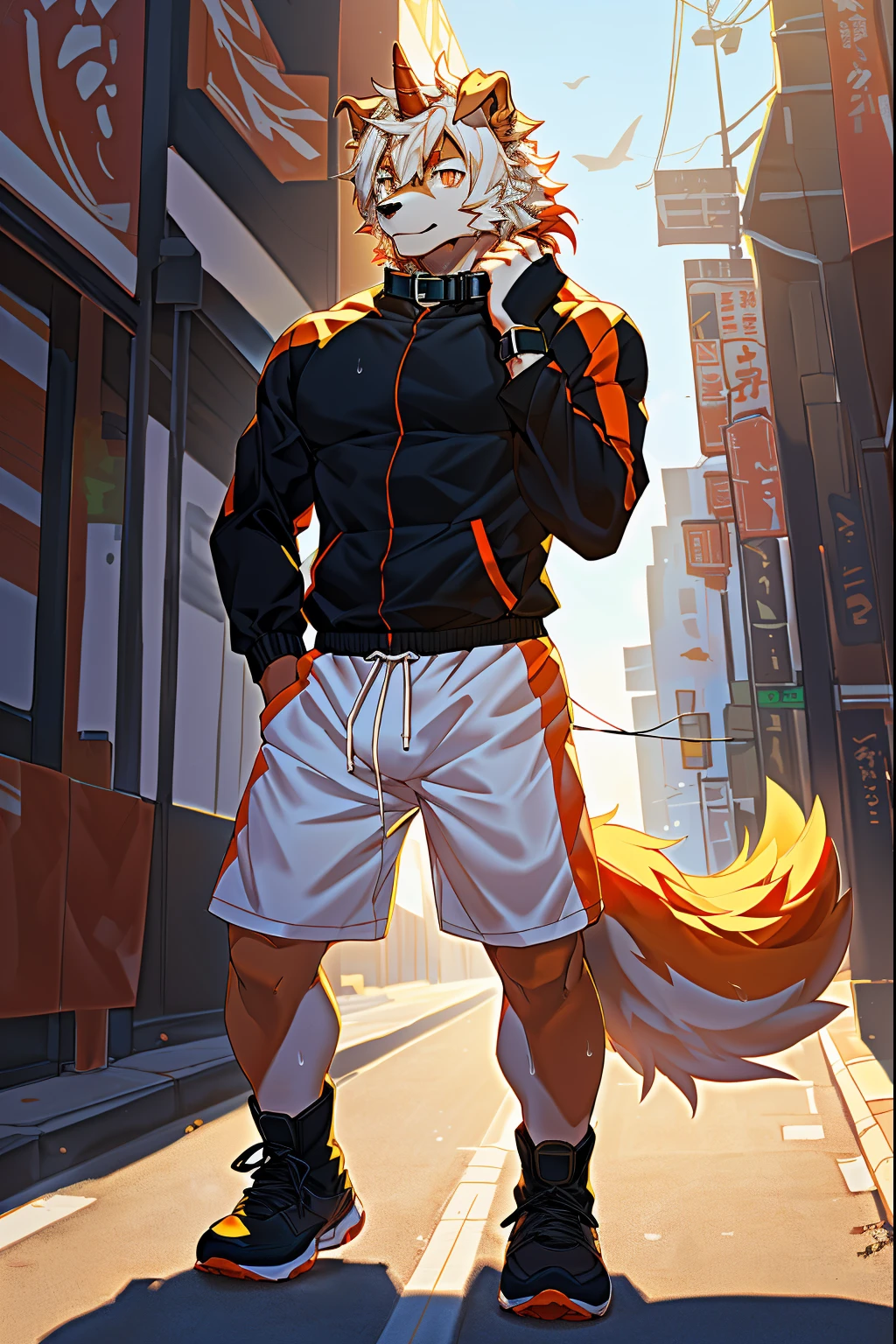 (stay in log, author:ghost of emptiness, by making friends, by honoway, by thebigslick, by fenherz), male people, Alone, Domestic dogs, horn, shrug ears, paws with claws, ssmile, toyko, akihabara, neonlight, the street,tmasterpiece, Best quality, offcial art, extremely detaild的 CG unified 8k wallpapers, ultra - detailed, Best Best Illustration, The best shadow, perfect litthing, White fur, furry male, Dog boy, hairy pubic hair, Two-tone fur, 1 boy, Hair color, malefocus, horn, Striped hair, dog ears, Animal ears, single horn, Brown fur, through bangs, orange color hair, White hair, Medium hair, Orange eyes, Alone, jogging,track suit,boots,sweat shorts,whitestocking,Orange tail,furry tail,Big abs,The light is very gentle,wearing collar on neck,Dog leashes,natta,Tall and strong,Lateral face,Full body lesbian,The calves are bare,Two legs,sweat,gasps,Orange pupils,Black pupils,Eyes are focused