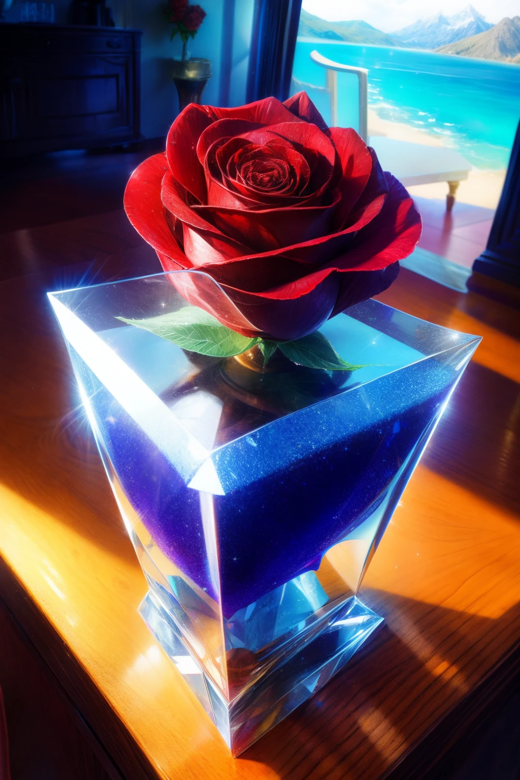 Sunlight in the crystal glass on the seaside, With mountains as a backdrop, Regular classical shaped glass, Open from above, hereinafter, next to glass, It's a red rose, High quality realistic photography