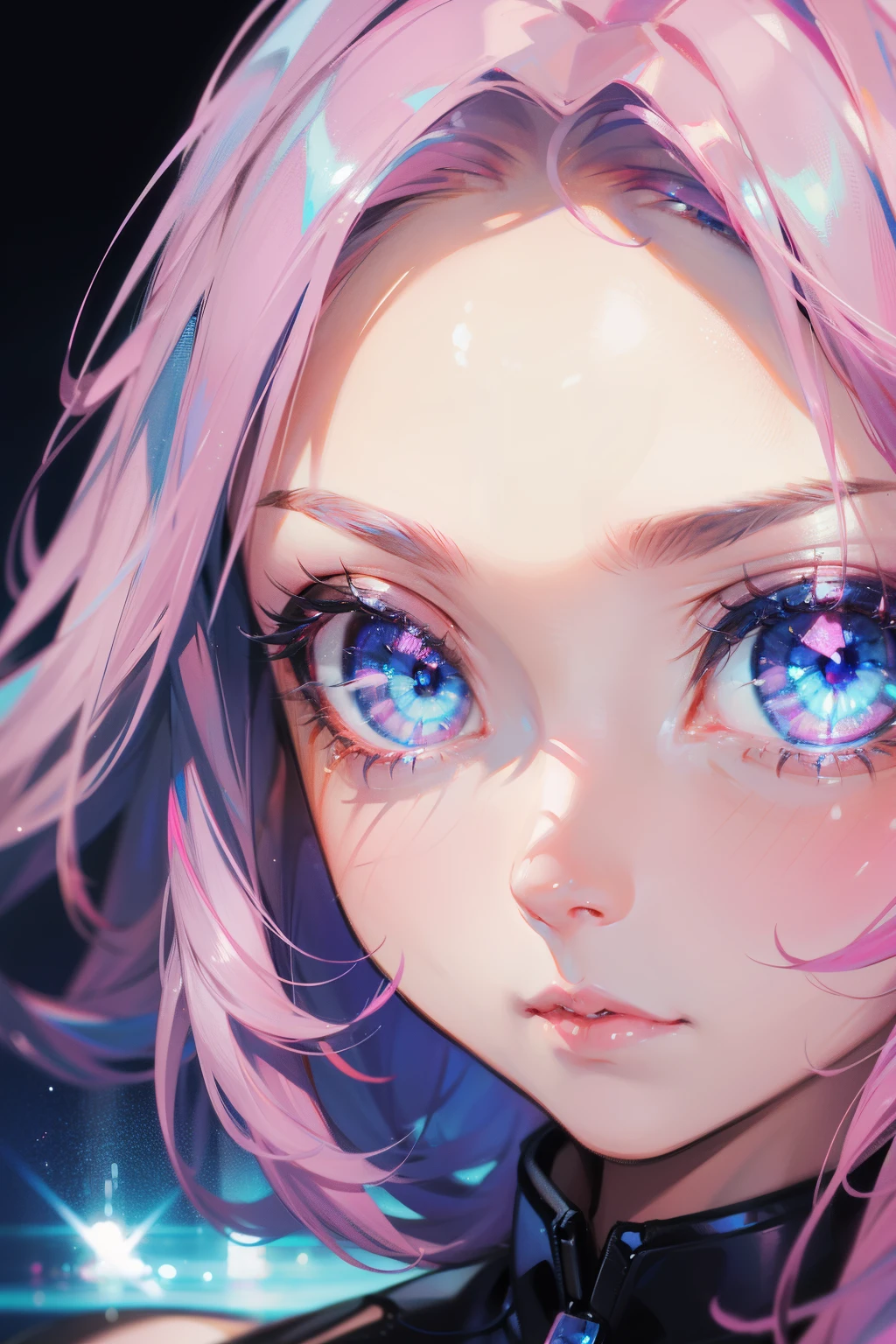 1 girl, blue eyes, close up of eyes, pink reflections,