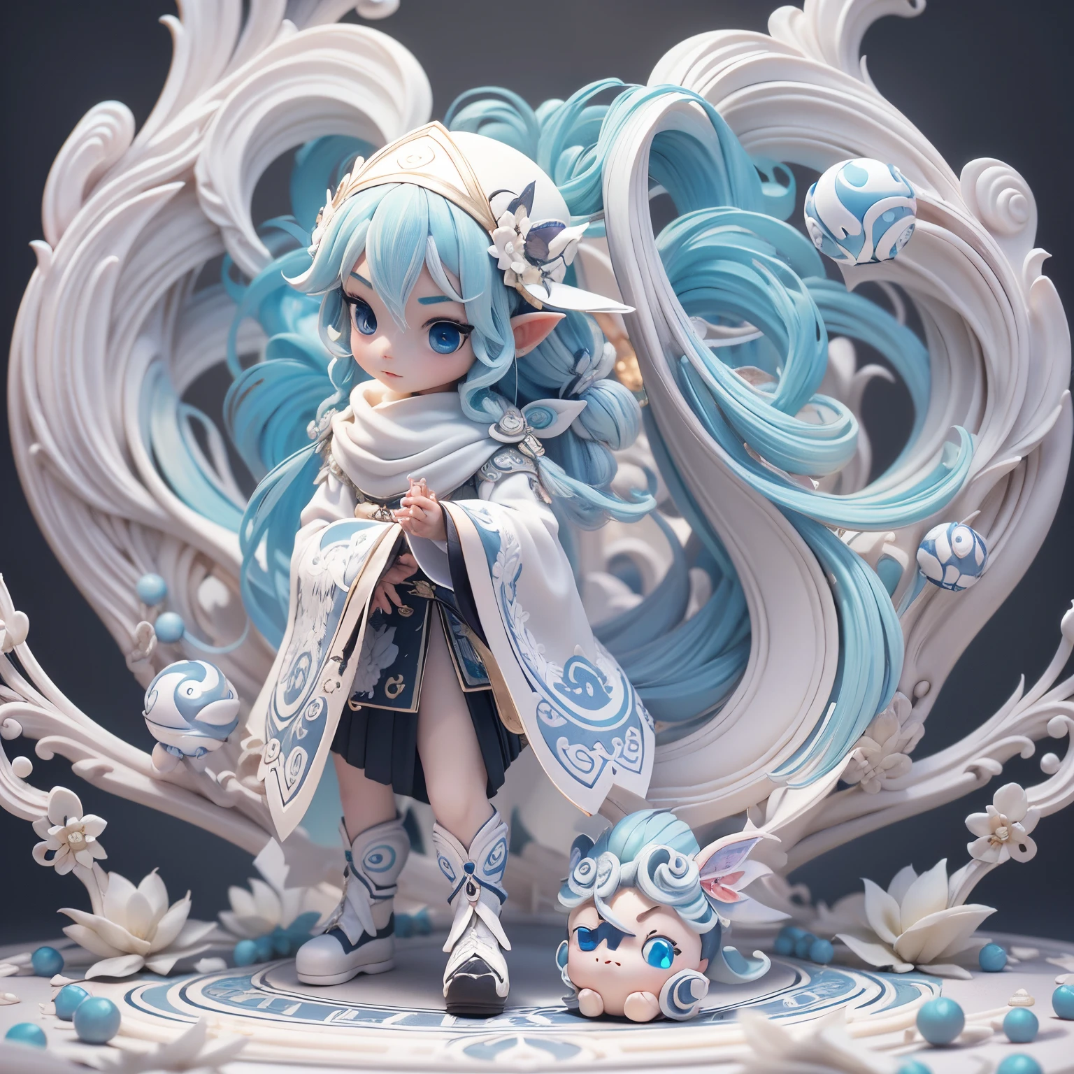 Italian balaco style，Taoist fairy，Huangshan people，Exquisite Hair，Arm carving，White-blue hair all over body，Exquisite gradient shoes，Eye depiction，Exquisite Hair，Bubble Mart Blind Box，Clay texture，Step on the ground，Black and white background，natural  lightting，Best quality，hyper-detailing，Art 3D，c4d, Overclocked renderer, a 3D render, 8K，45 degree viewing angle，Wear a big hat