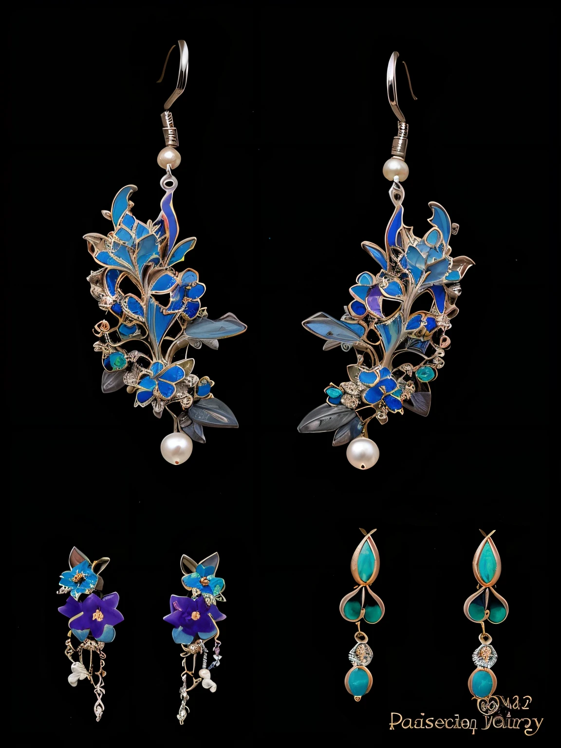 Close-up of a pair of pearl and blue flower earrings, hyperrealistic art nouveau, earring design, jewelry photography, oriental art nouveau, ear nipple ring, ear nipple ring. The content is very detailed, jewelry iridescence, Silver two-tone details, opal petals, 3 4 5 3 1, Art Nouveau accents, ear nipple ring, opal statues adorned in jewels, Colorful art nouveau style