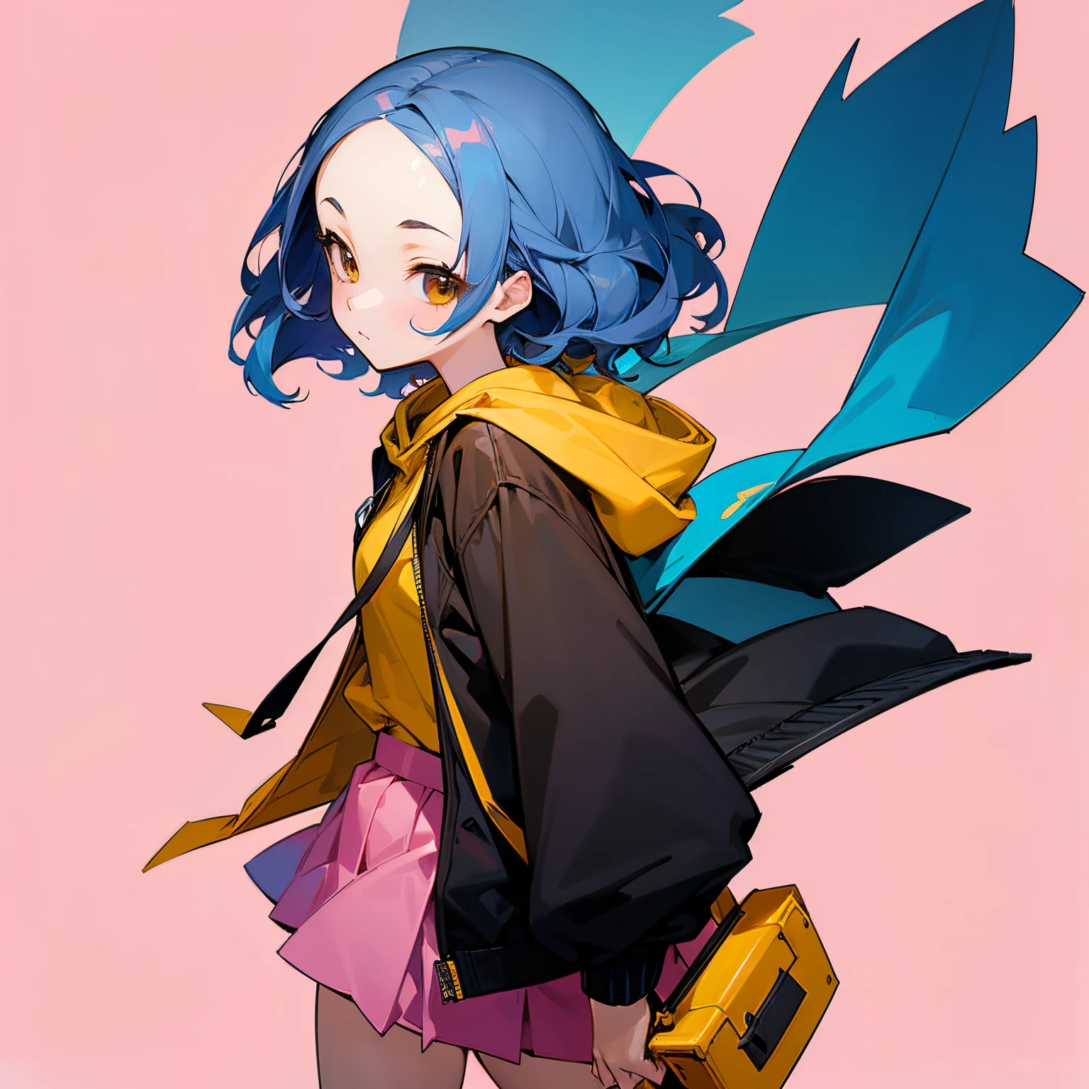 Anime, ((best quality)),18 years old girl, solo, brown eyes, blue hairs, wavy parted hair, (show forehead), short hair, Yellow hoodie, black jacket, Pink mini skirt, Boston bag carried diagonally, simple background