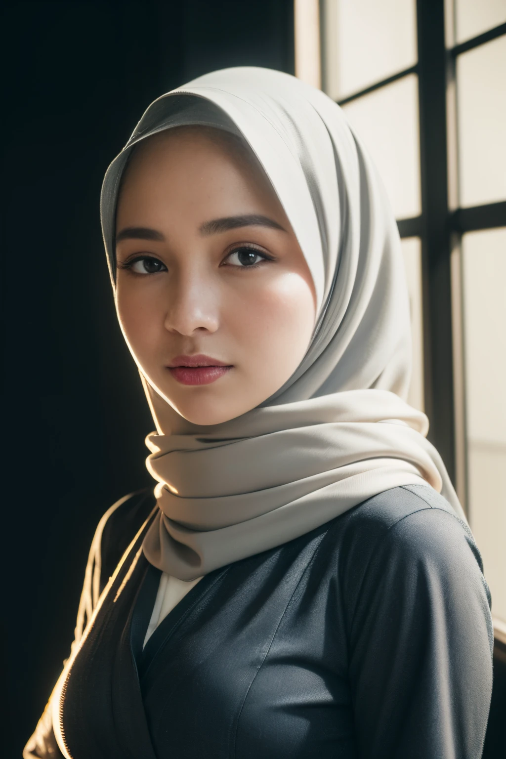 Half body portrait .Hijab girl in studio . Two light photography. Shoot by canon r1. Two soft light come from godox v1.. blue background. pink lips. flat nose. Broad forehead . Wear a scarf. Clean eyes. 40 years old. A Johor woman from a Malaysian village. Indonesian kacuk. Studio light photographer. soft light