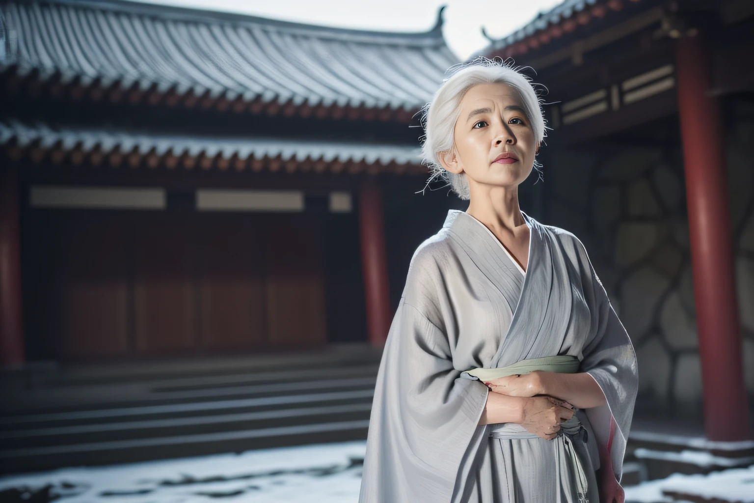 ((Best quality, 8K, Masterpiece :1.3)), Sharp focus:1.2 , Photorealsitic,(Cinematic lighting),Facial detail texture. Eye details. Double eyelids, Slender body. Super small breasts, Sexy collarbone,70-year-old grandmother, photo-realistic:1.37,Perfect eyes, ((1 Old man in a gray yukata)),(white sash),(Thick cloth),((Ragged linen)),With a petite figure,whaite hair,hair-bun,Qi bangs,Stand in the snow,Hands behind your back,Full body like,short- sleeved,robe,folds,((solid color backdrop)),Front lens,There are a few wrinkles on the face,Traditional Chinese women,Be kind,white haired Cangcang,Shanshui temple background,in a temple,Clear day,Back to the bell tower,full bodyesbian,Full body like,frontage,Alone in the temple
