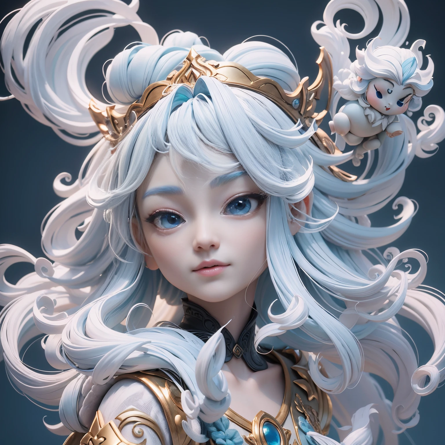 Italian Baraco style，Taoist fairy，Huangshan people，Exquisite Hair，Arm carving，White-blue hair all over body，Delicate gradient shoes，Eye depiction，Exquisite Hair，Bubble Mart Blind Box，Clay texture，Step on the ground，Black and white background，natural  lightting，Best quality at best，hyper-detailing，Art 3D，c4d, Overclocked renderer, a 3D render, 8K，45 degree viewing angle，Wear a big hat