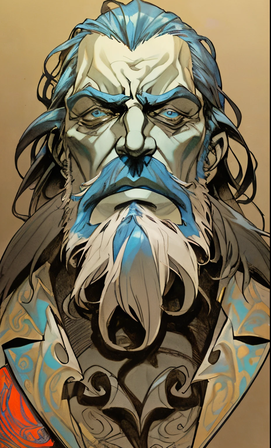 portrait of a man of the XVIII's century, blue beard,unhappy face, pencil design, drawing by Sergio Toppi