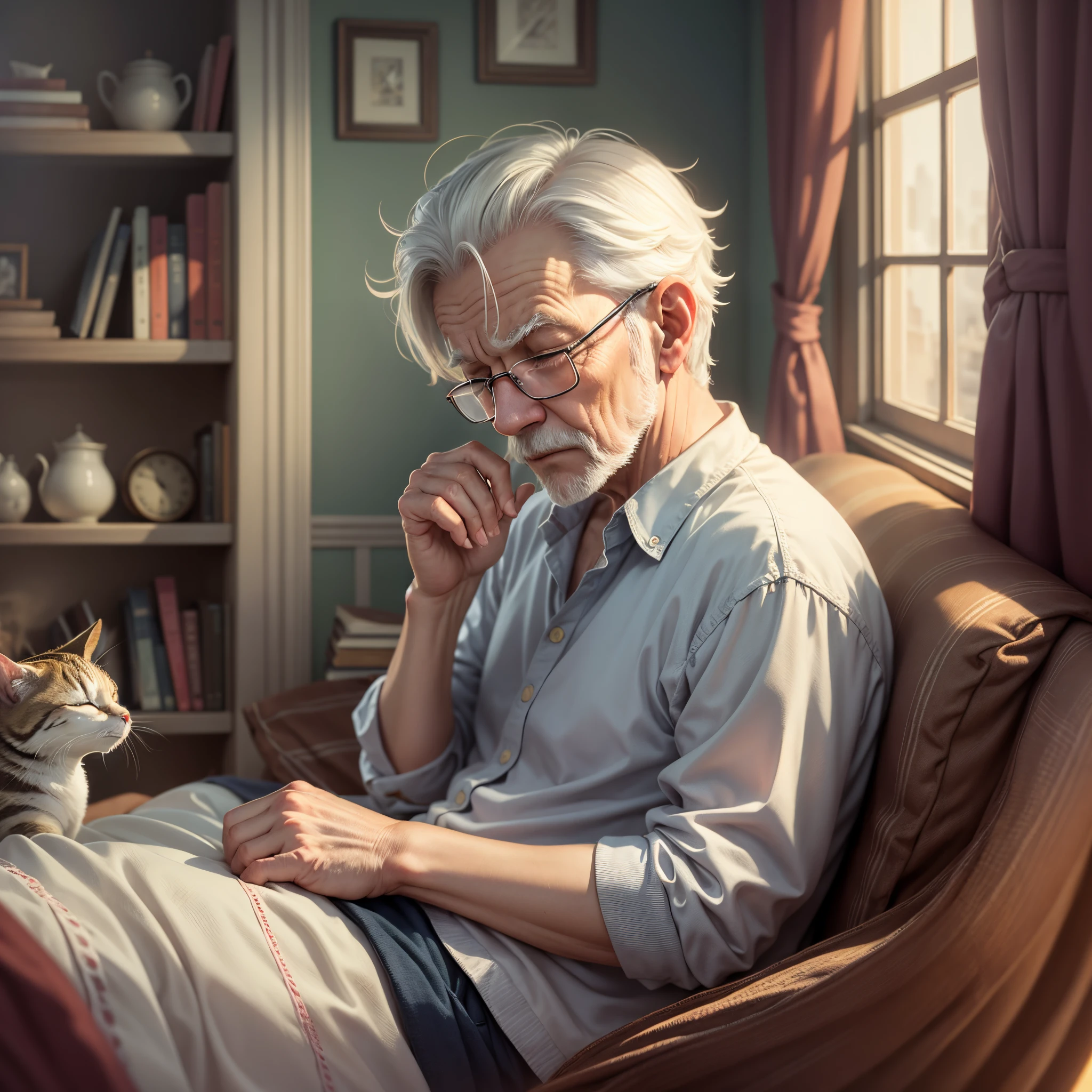 Real style ,A little cat sleeping,old room,fire, an old man read a book,the twilight sunlight，5k --auto --s2