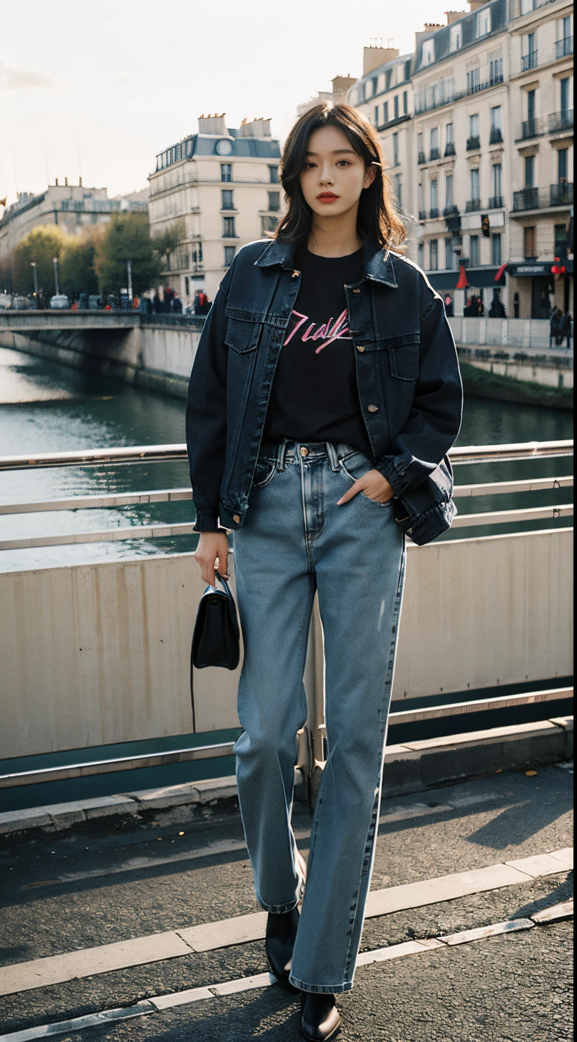 Best quality at best,tmasterpiece,超高分辨率,(realness:1.4),RAW photogr,Cinematic texture,1 beautiful girl,Standing on the bridge wearing a black jacket and jeans,in paris, baggy jeans, denim pant, bomber jacket and jeans, Black bottoming T-shirt,jeans and black boots, ( ( ( wearing a denim pants ) ) ), Denim, wearing a denim pants, denim pant, The fusion of various aesthetics, Short shirt with jacket, Jeans pants, blue denim pants, denim pant,casually standing,legs long,good body,photo taken, Instagram