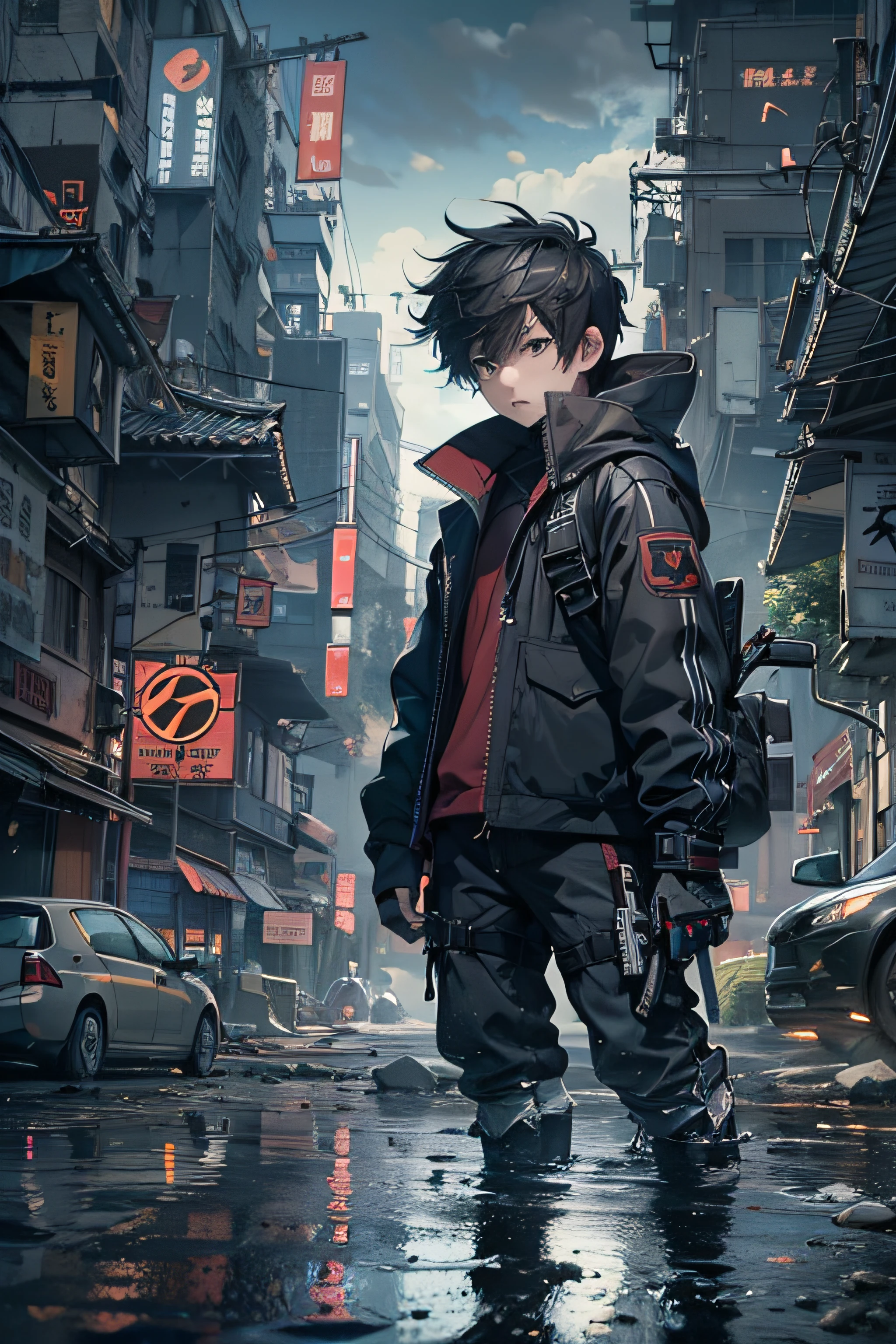 1boy,a 13 yo boy、Cyberpunk Boy、Black attire、katanas,machine gun、Spiky hairstyle、Whole body bloody、The beginning of the adventure、Lots of clouds,heavy fog、Chaotic city of the future、ruined and devastated city、dystopian、A very complex group of buildings stands in the center、Highly complex Chinese buildings、Pretty dim lighting、Dark road、puddles、Chaotic landscape、Beautiful and fantastic scenery、Cinematic scenery、hightquality、masutepiece,8K、hight resolution、ultra-detailliert,