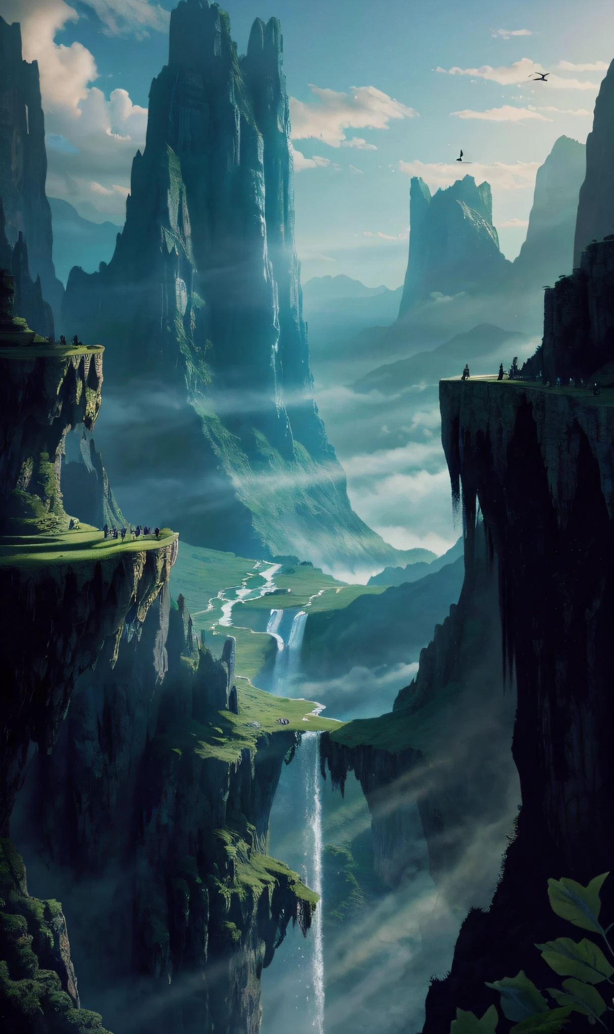 Waterfall in the mountains，Painting of birds flying over, Impressive fantasy scenery, fantasy art landscape, most epic landscape, amazing wallpapers, epic fantasy landscape, fantasy matte painting, future valley, Sci-fi fantasy wallpaper, amazing scenery, Fantastic landscape, epic dreamlike fantasy landscape, epic beautiful landscape, 8k fantasy art, 4K fantasy art, Fantastic landscape