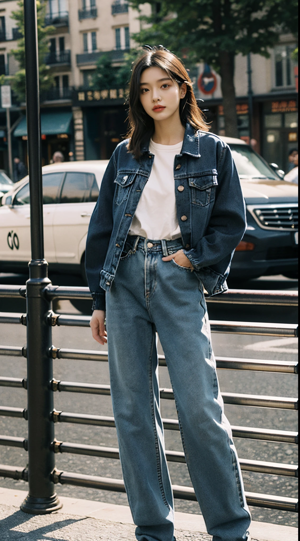 Best quality at best,tmasterpiece,超高分辨率,(realness:1.4),RAW photogr,Cinematic texture,1 beautiful girl,Standing on the bridge wearing a black jacket and jeans,in paris, baggy jeans, denim pant, bomber jacket and jeans, jeans and black boots, ( ( ( wearing a denim pants ) ) ), Denim, wearing a denim pants, denim pant, The fusion of various aesthetics, Short shirt with jacket, Jeans pants, blue denim pants, denim pant,casually standing,legs long,good body,photo taken, Instagram