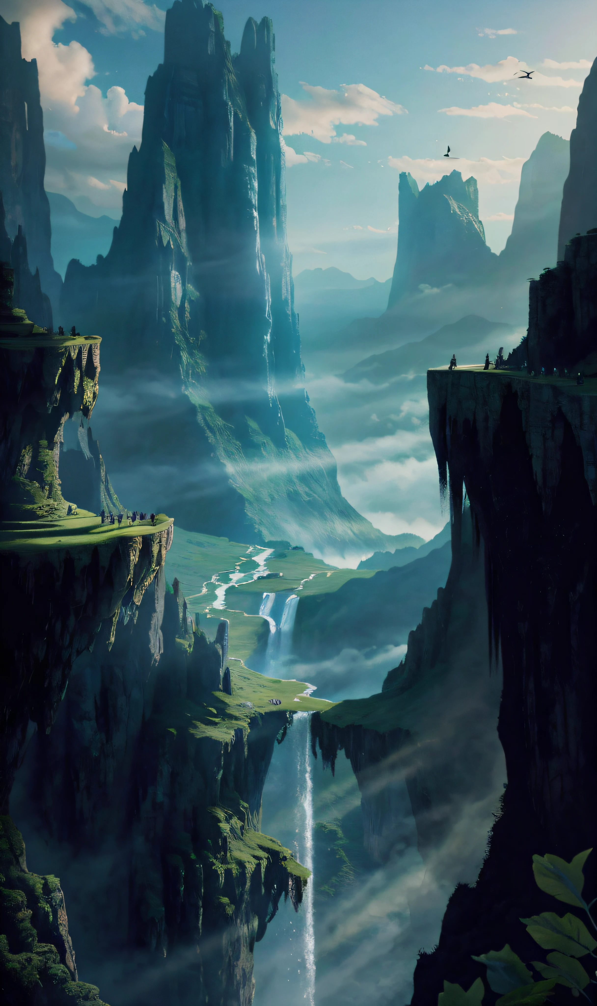 Waterfall in the mountains,Painting of birds flying over, Impressive fantasy scenery, fantasy art landscape, most epic landscape, amazing wallpapers, epic fantasy landscape, fantasy matte painting, future valley, Sci-fi fantasy wallpaper, amazing scenery, Fantastic landscape, epic dreamlike fantasy landscape, epic beautiful landscape, 8k fantasy art, 4K fantasy art, Fantastic landscape