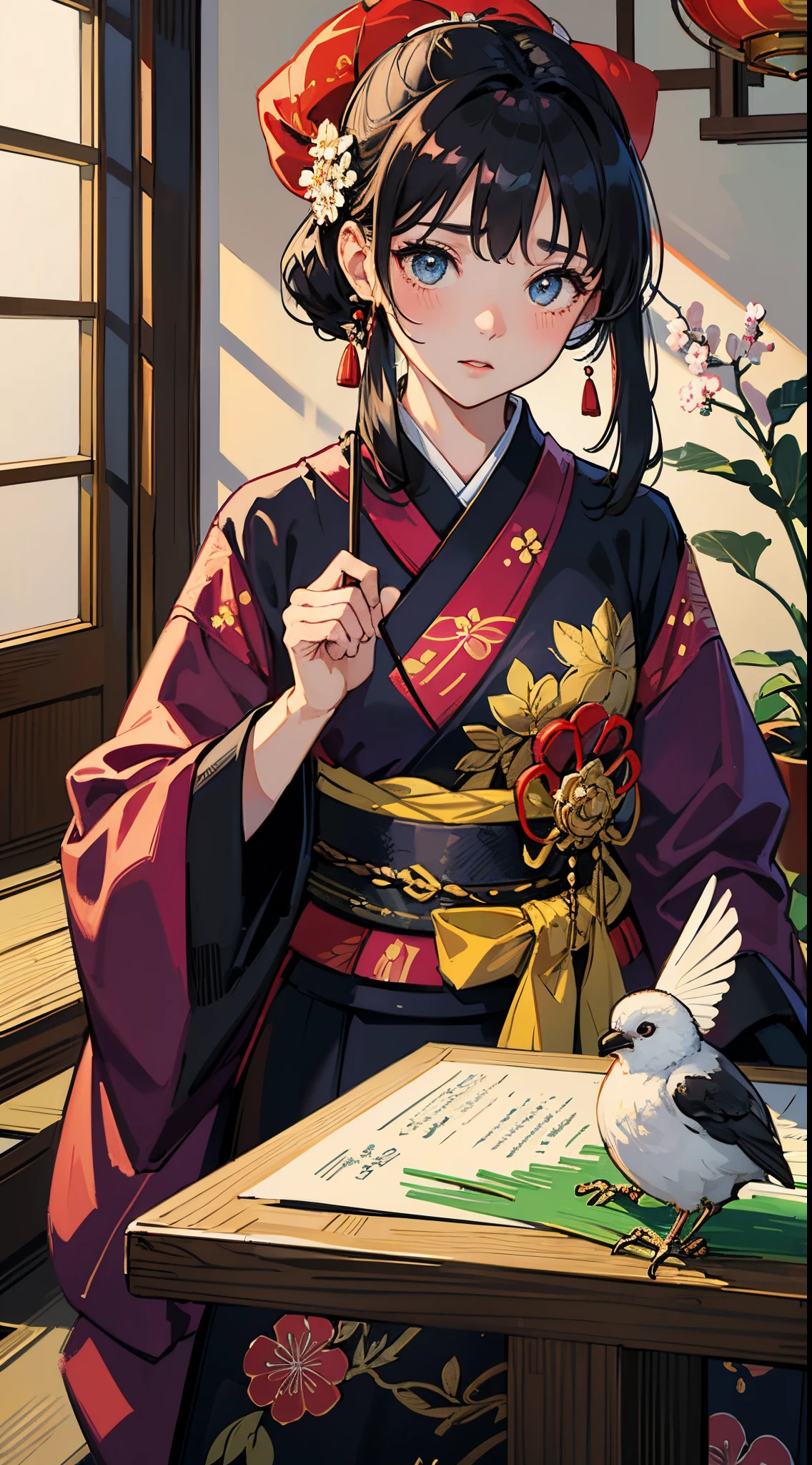 Master Pieces,hyper quality, Hyper Detailed,Perfect drawing,独奏、Beauty in the world、Komono、Japanese dress、Black-haired、Japanese hair、Colorful Japan kimono、Nishijin Ori、Delicate and smart eyes、Half-open lips、sidelong glance、Graceful、Gorgeous、Beautiful、red blush(0.2)、Dazzling、Stunning、Gorgeous、Gentle、Shunguang、natural soft light、Flowers and Birds Fugetsu、traditional Japanese room、Accurate drawing、Detailed drawing、