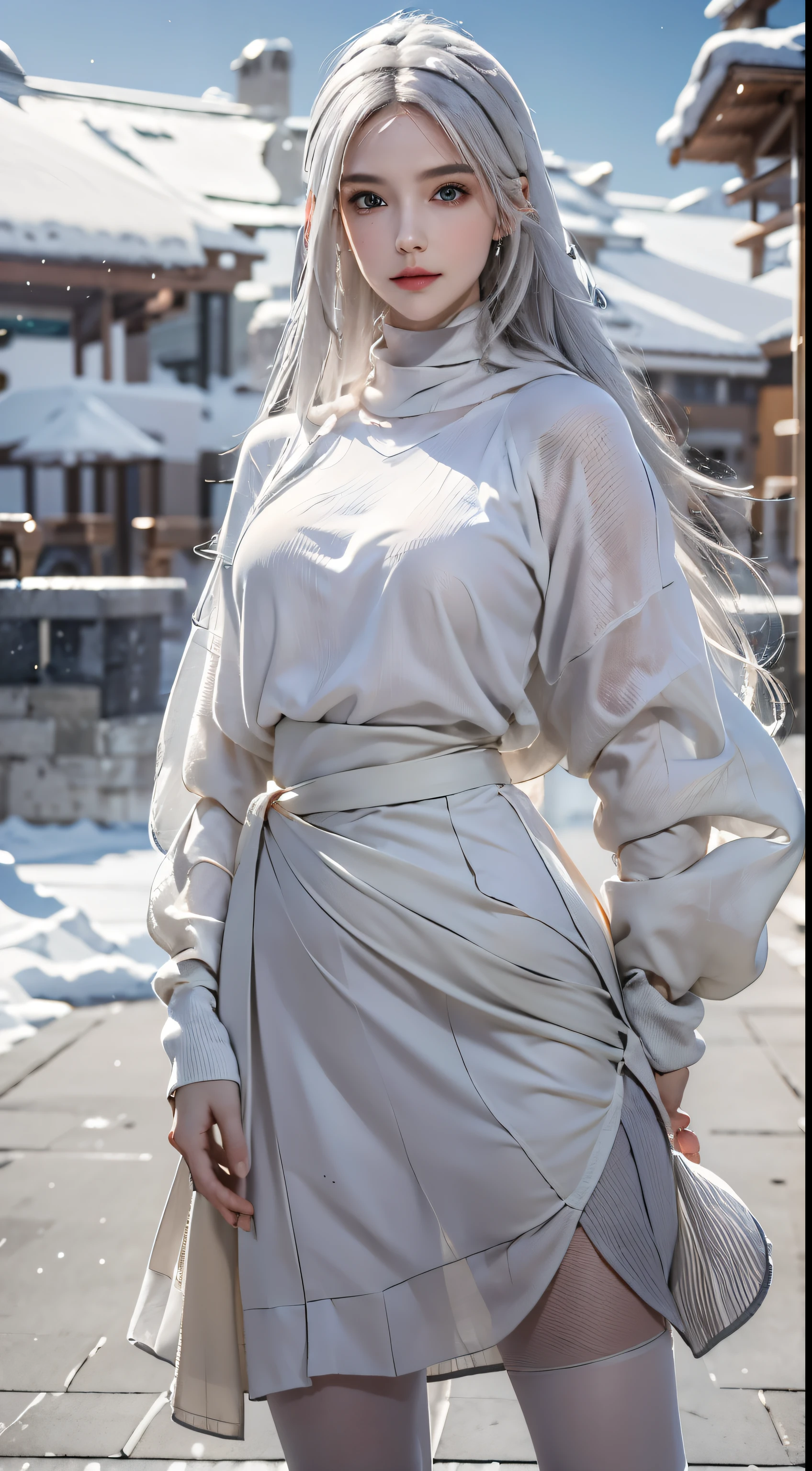 (Best quality, A high resolution:1.2), ultra - detailed, White sweater, Put your hands behind your waist, in a skirt, Public display, 2b, 1 girl, hijab , A high resolution,shaded face, Long gray hair, Alone, eBlue eyes, ski resort, subtle smiling, whaite hair, Full body lesbian, stand posture,revealing lower body