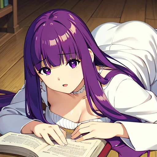 beautiful, masterpiece, best quality, extremely detailed face, perfect lighting, 1girl, solo, white long dress, real shape of chest is known from on blouse, from just in front above, beautiful purple long hair, expressionless face, girl being pushed down on the floor, lying on her back on the floor in the library, sometimes something sexual in her body is seen form girl, man’s hand, (detailed background)