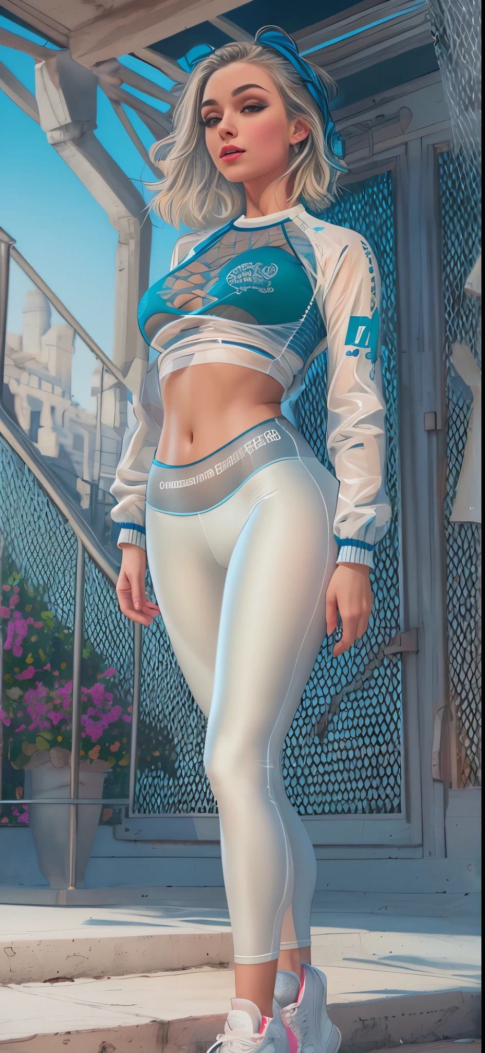 "An ultra-detailed 8k masterpiece best quality and high saturation. The image features a clothing illustration with a stunning thick european girl wearing a tight sheer leggings outfit, including tight open shirt, F cup, white sneakers, and a blue background."