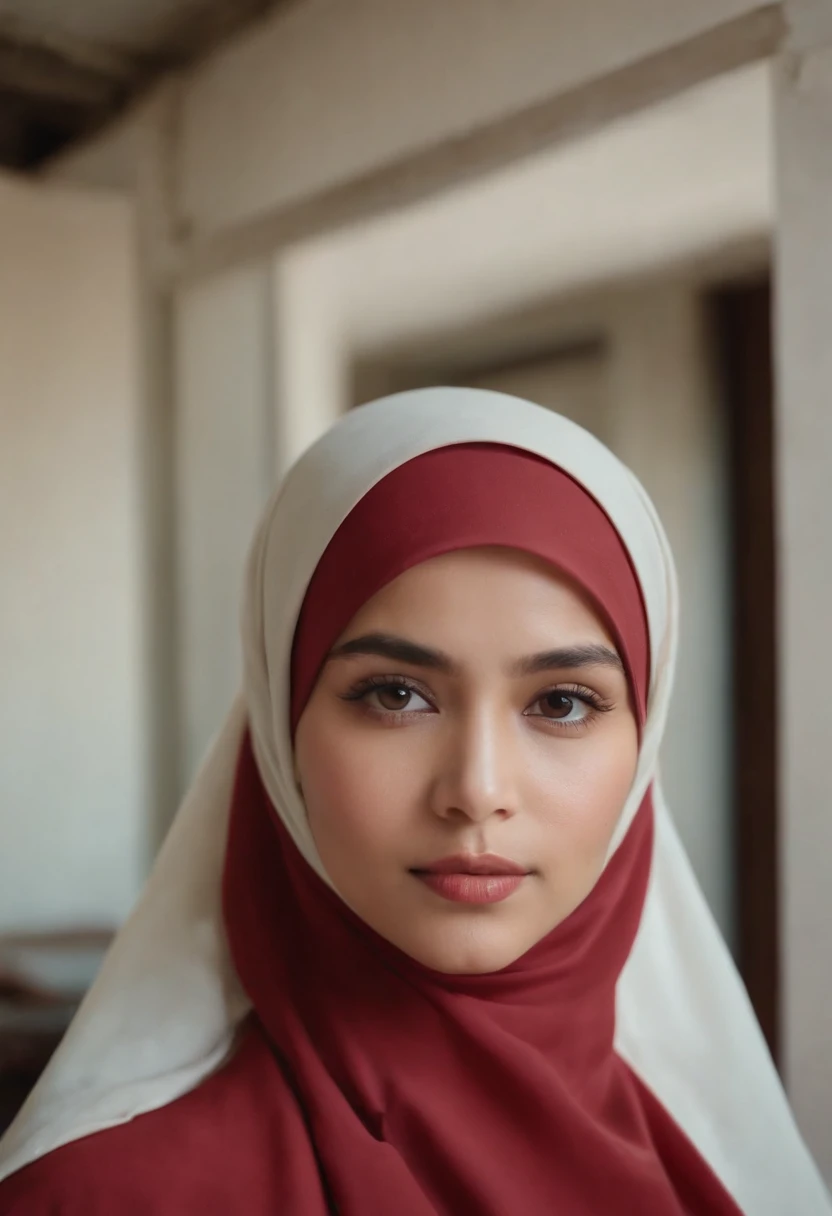 A malay girl in hijab and red pastel office suits in abandoned office, Super 8mm lense, Extreme close-up, High Contrast cinematography effect, Natural Lighting, Desaturate color grading, high quality, ultra detail, 8k resolution,