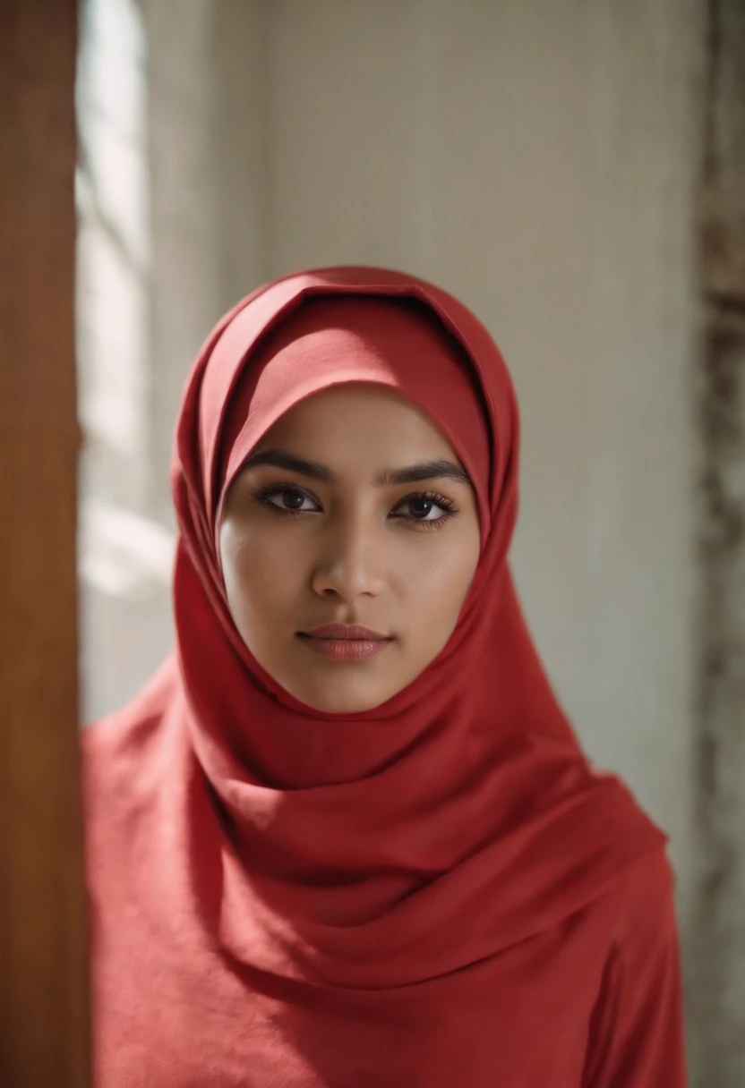A malay girl in hijab and red pastel office suits in abandoned office, Super 8mm lense, Extreme close-up, High Contrast cinematography effect, Natural Lighting, Desaturate color grading, high quality, ultra detail, 8k resolution,