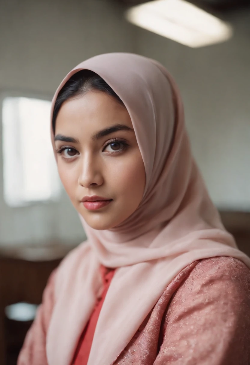 A malay girl in hijab and red pastel office suits in abandoned office, Super 8mm lense, Extreme close-up, High Contrast cinematography effect, Natural Lighting, Desaturate color grading, high quality, ultra detail, 8k resolution,