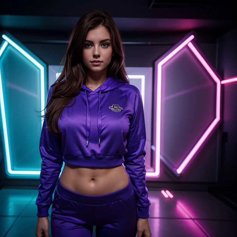 Lucile Liudmyla standing in a purple lit room, wearing a neon blue hoodie, purple and blue, neon edges on bottom of body, some purple and blue, blue neon, blue and violet, with neon lights, blue and purple, purple neon, wearing a purple sweatsuit, blacklight aesthetic, Professional Whole Body Photon sexy pose, instagram model, perfect angle, very sexy pose (Photo 4k:1.1) by (Jeremy Lipking:0.3), (Dittmann Anna:0.3), (Cecile:0.3), (Sharp focus:1.3), High detail, shirt, Long & auburn hair, Sexy, Instagram pattern pose, confident, Skinny girl, perfect beautiful breasts:1.5, perfect anatomy, perfect symmetry:1.2, realistic, realistic face:1.2, perfect face, auburn Beauties: 1.4, content, confident, highly detailed, and dramatic, cinematic lighting, lighting scene, soft lights, auburn beauties:1.4