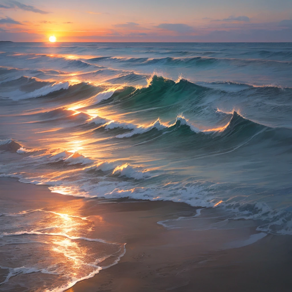Photorealistic image of the sea at sunset, where the sandy beach is visible and the waves punish. Tender relaxing image, which you want to look at forever.