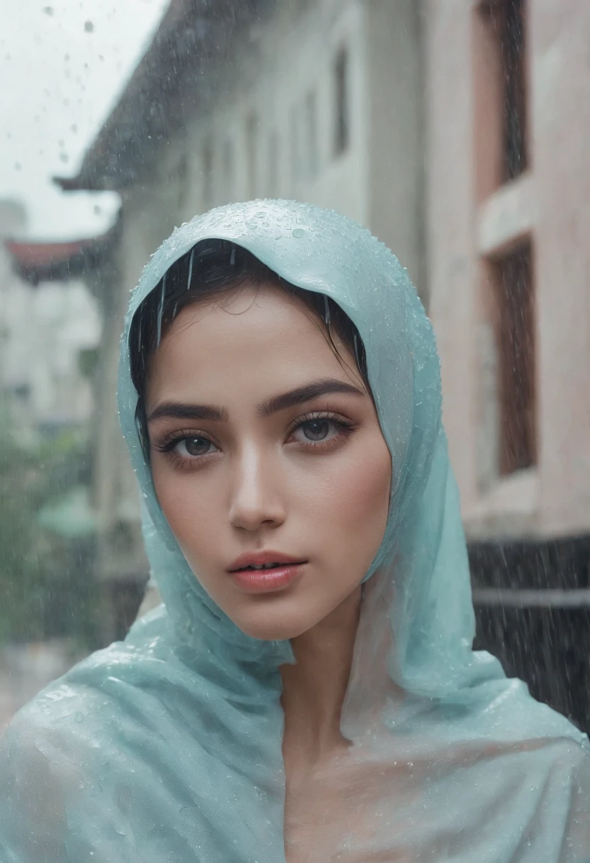 Generate a cinematic still of a Malay girl in hijab caught in a gentle rain shower, in front of vintage building, Focus on capturing the emotion in her eyes as she navigates the rain-soaked streets, creating a scene reminiscent of a romantic film,style raw, pastel color grading, Super 8mm lense, Extreme close-up, Deep Focus cinematography effect, high quality, ultra detail, 8k resolution,