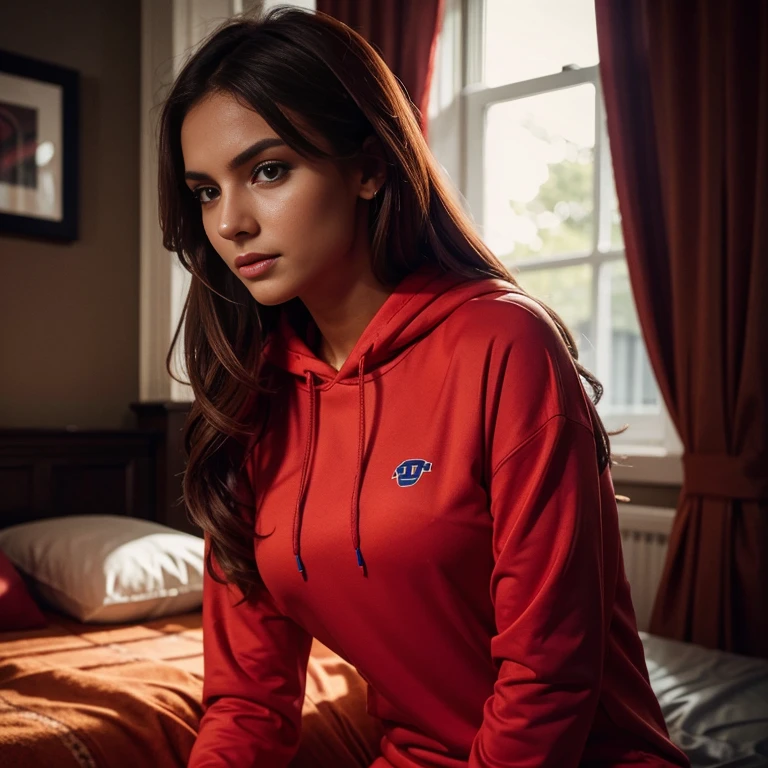 Lucile Liudmyla in a red lit room, wearing a neon red hoodie, red and blue, neon edges on bottom of body, some red and blue, red  neon, red and pink, with neon lights, red  and blue, red  neon, wearing a red sweatsuit, blacklight aesthetic, Professional Whole Body Photon sexy pose, instagram model, perfect angle, very sexy pose (Photo 4k:1.1) by (Jeremy Lipking:0.3), (Dittmann Anna:0.3), (Cecile:0.3), (Sharp focus:1.3), High detail, shirt, Long & auburn hair, Sexy, Instagram pattern pose, confident, Skinny girl, perfect beautiful breasts:1.5, perfect anatomy, perfect symmetry:1.2, realistic, realistic face:1.2, perfect face, auburn Beauties: 1.4, content, confident, highly detailed, and dramatic, cinematic lighting, lighting scene, soft lights, auburn beauties:1.4