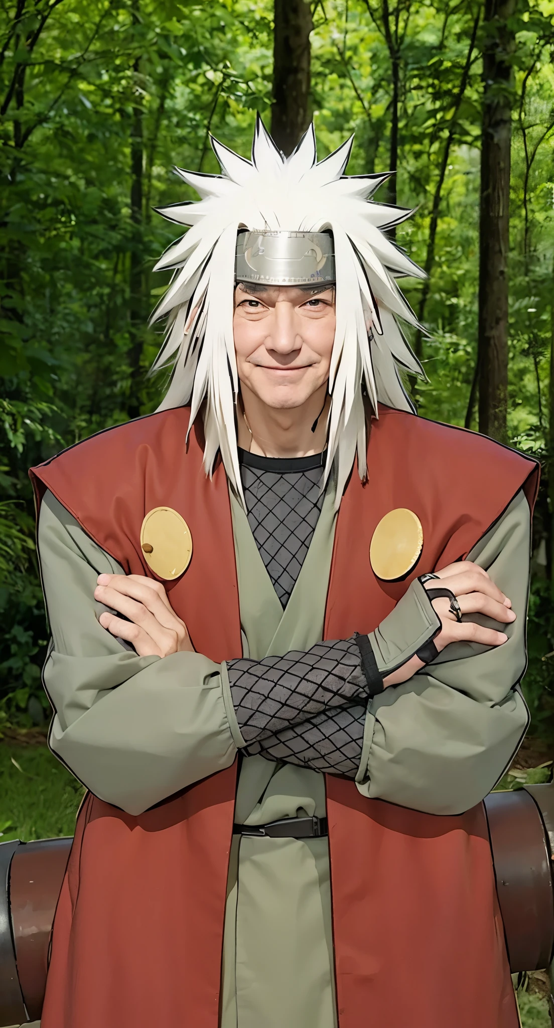 Real life adaption of this character ,old grandpa face, smiling expression,realistic same long spiky hair , (realistic same outfit), realistic background , realistic light, realistic shadow, realism, hyper realistic,(photorealistic:1.2), normal small eyes,wear headband Made from iron plate