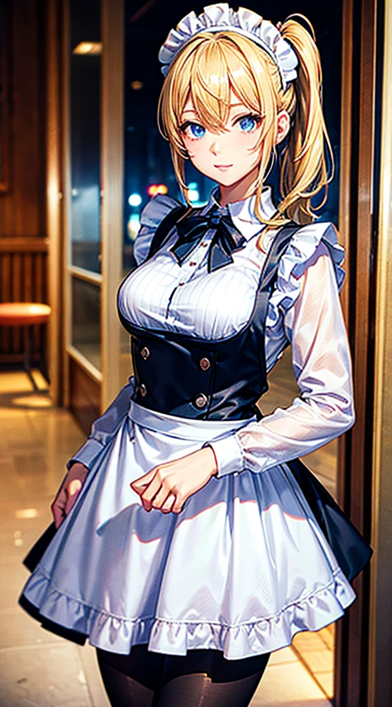 (masterpeace, best quality2.0),(ultrahighquality realistic detailed 3.0), highres, 1girl, hayasaka ai, solo, blonde hair, maid, blue eyes, side ponytail, hair scrunchie, hair ornament, blue scrunchie, maid headdress, apron, hair between eyes, breasts, long sleeves, bangs, white shirt, black dress, sidelocks, maid apron, black pantyhose, cowboy shot,