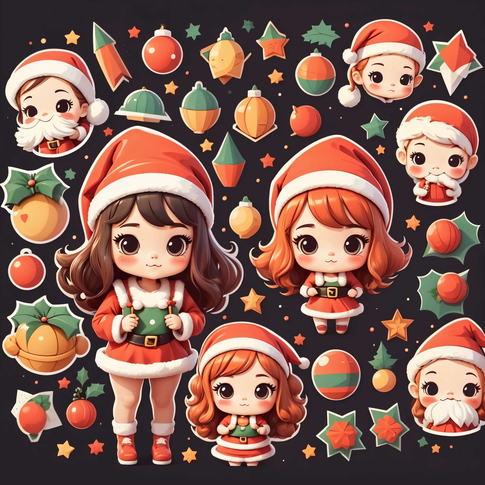 （（（One sticker）））。High quality design vector style image,Happy little girl wearing santa hat，christmas，Extra-long hair。Clean black background, Professional vector, high detal,