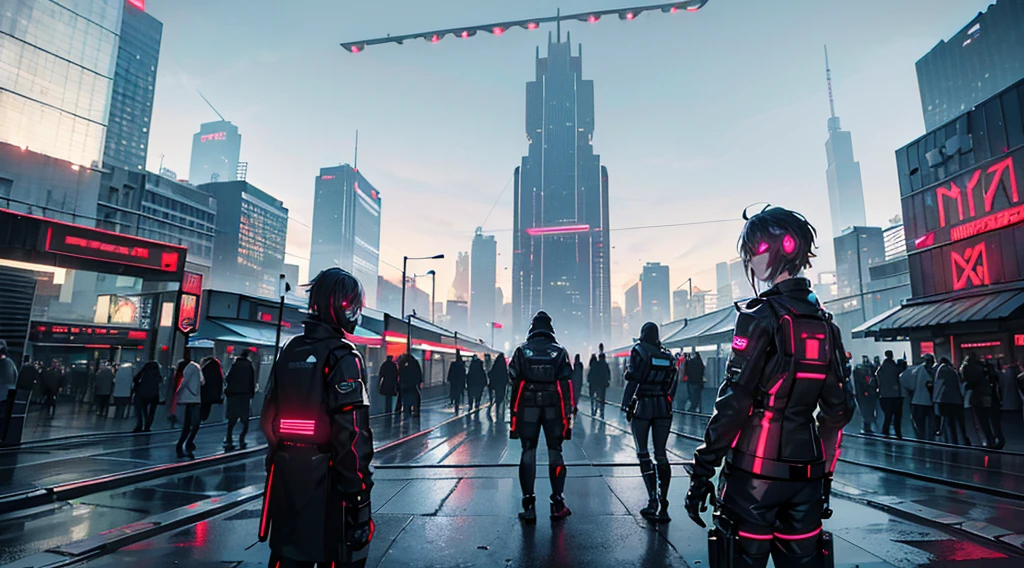 (best quality,4k,8k,highres,masterpiece:1.2),ultra-detailed,(realistic,photorealistic,photo-realistic:1.37),cyberpunk,metropolis,cityscape,futuristic,neon-lit,high-rise buildings,glowing signs,fast-paced,hovering vehicles,nighttime,urban chaos,hustle and bustle,blurry crowds,reflective surfaces,high-tech gadgets,blinking lights,digital advertisements,gritty streets,dark alleyways,imposing skyscrapers,dystopian atmosphere,smoky air,heavy rain,urban decay,excessive wires and cables,holographic projections,dark and mysterious figures,suspended walkways,futuristic fashion,tinted glasses,facial implants,enhanced reality,advanced technology,virtual reality headsets,illuminated pathways,glitch effects,grungy aesthetics,cybernetic enhancements,electronic music,high contrast,imposing architecture,futuristic city skyline,chromatic aberration,dynamic camera angles,glowing cybernetic eyes,high-speed transportation systems,hidden backstreet markets,artificial intelligence influence,sleek and angular designs.