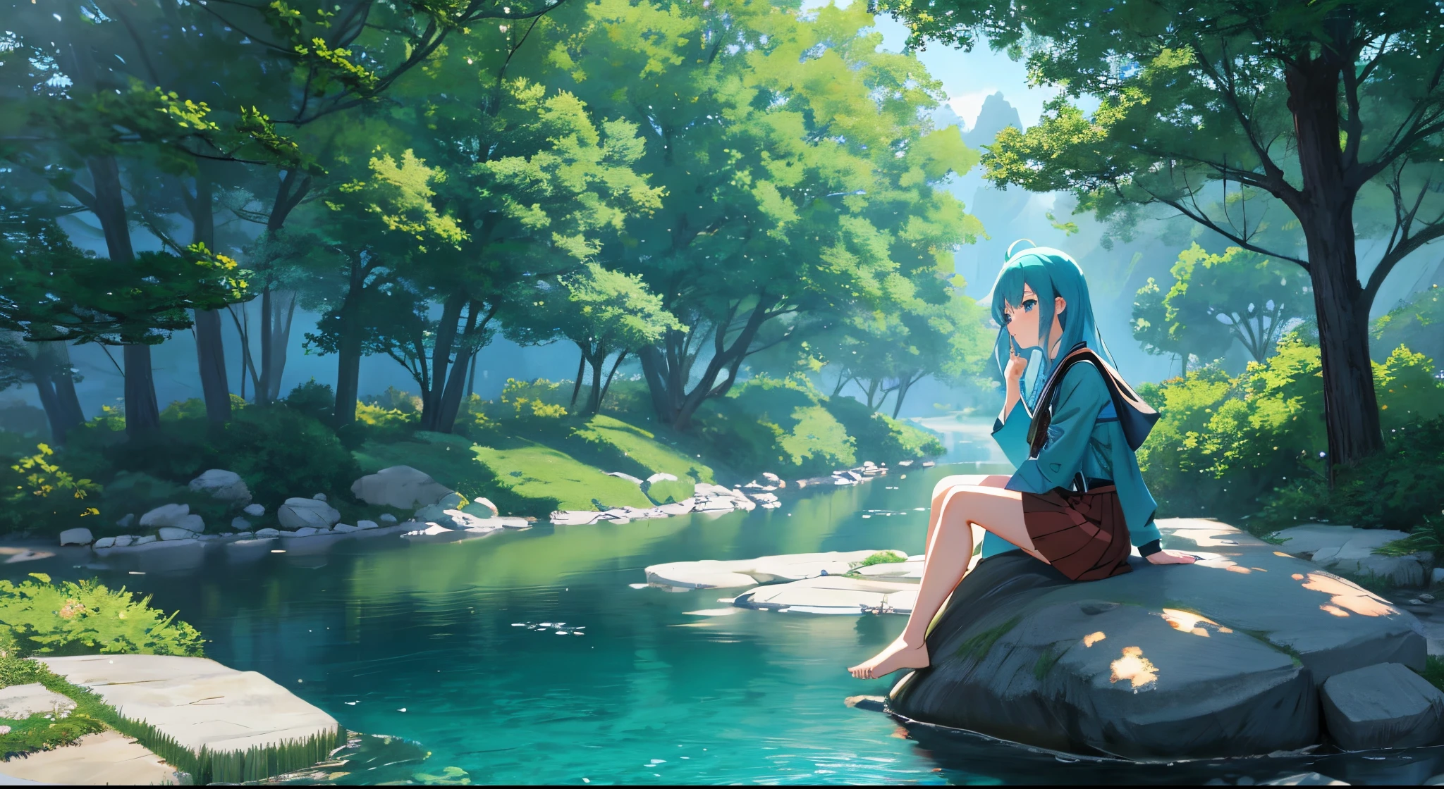 Anime girl sitting on a rock in a river surrounded by trees, anime style4 K, anime girl with teal hair, Anime style. 8K, Anime Art Wallpaper 8K, Anime Art Wallpapers 4K, Anime Art Wallpapers 4K, Beautiful avatar picture, High quality anime art style, anime styled digital art, Drawn by Anime Painter, anime wallpaper 4k,Lying on a stone slab,Sleepy,I want to sleep
