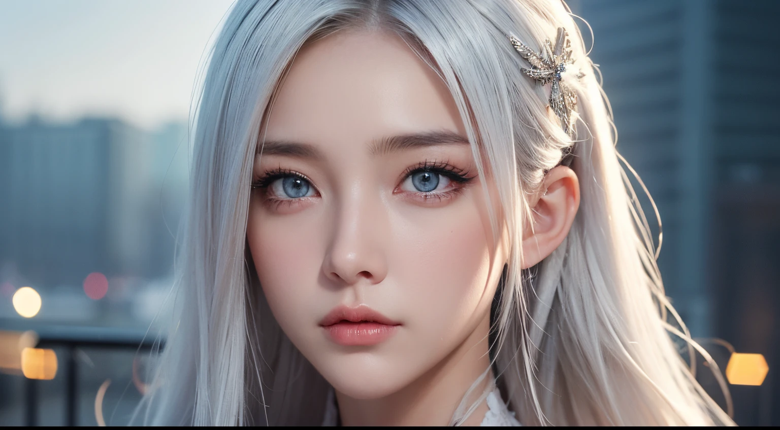 Masterpiece, Best Quality, Extremely detailed, Cinematic Lightning, intricate detials, hight resolution, official arts, finely detailed beautiful face and eyes, high-resolution illustration, 8K, Depth of field, bokeh, 独奏, 1girl, Girl with white hair and red eyes, Long white hair, beautiful red color eyes, Beautiful landscape, Rainy city, upper-body, looking a viewer, close up
