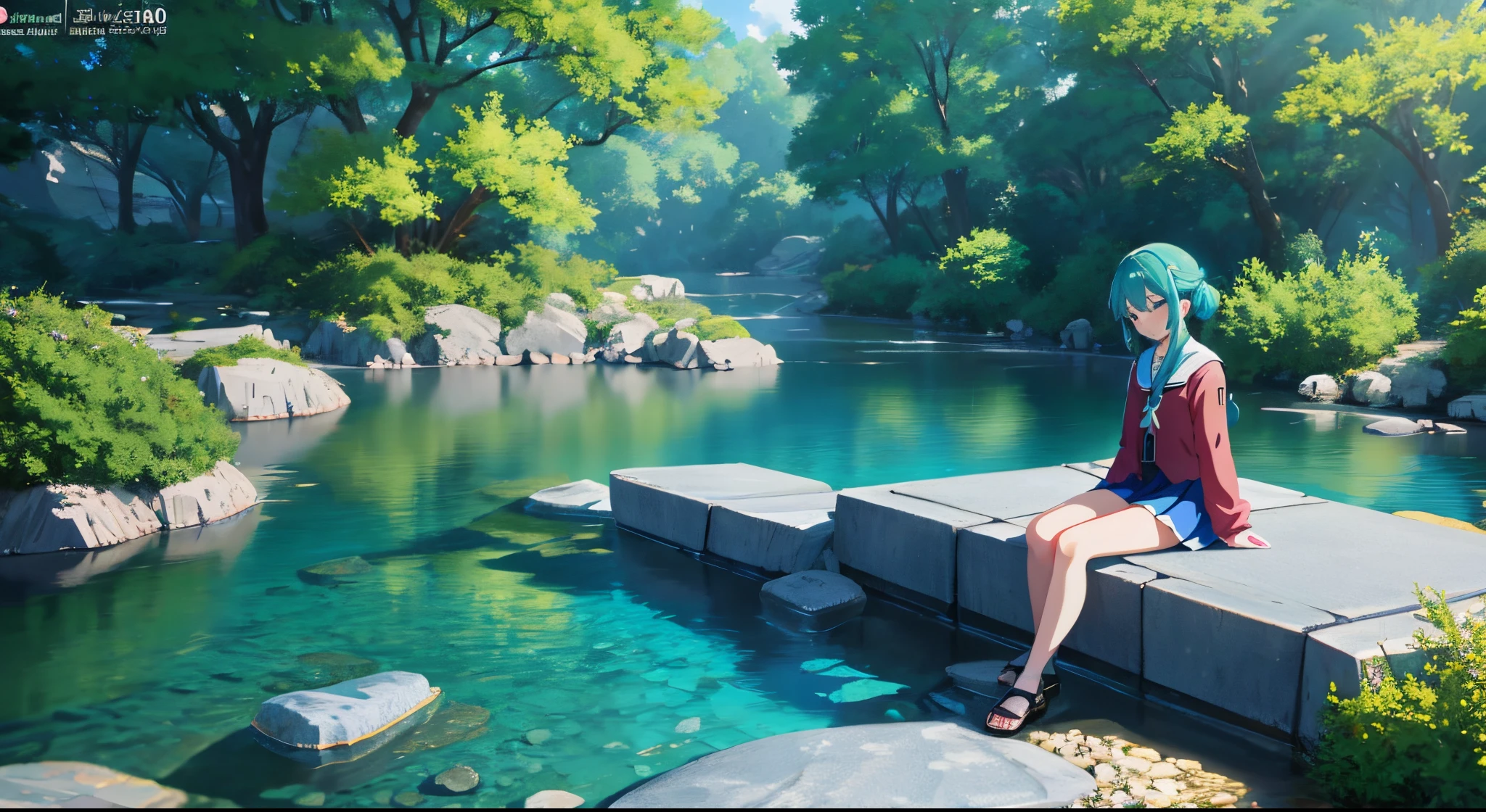 Anime girl sitting on a rock in a river surrounded by trees, anime style4 K, anime girl with teal hair, Anime style. 8K, Anime Art Wallpaper 8K, Anime Art Wallpapers 4K, Anime Art Wallpapers 4K, Beautiful avatar picture, High quality anime art style, anime styled digital art, Drawn by Anime Painter, anime wallpaper 4k，Lying on a stone slab，Sleepy，I want to sleep