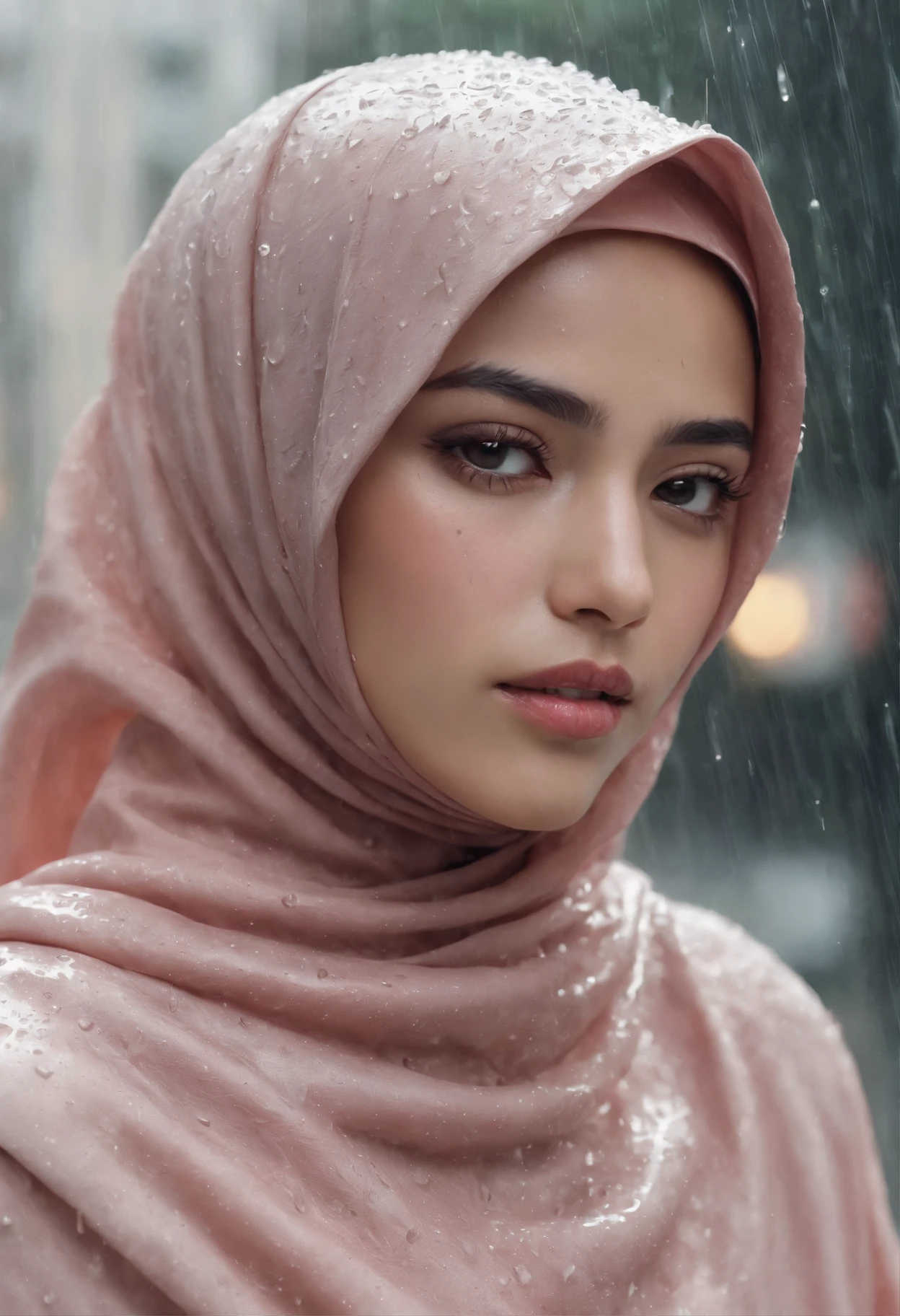 Generate a cinematic still of a Malay girl in hijab caught in a gentle rain shower, in front of vintage building, Focus on capturing the emotion in her eyes as she navigates the rain-soaked streets, creating a scene reminiscent of a romantic film,style raw, pastel color grading, Super 8mm lense, Extreme close-up, Deep Focus cinematography effect, high quality, ultra detail, 8k resolution,