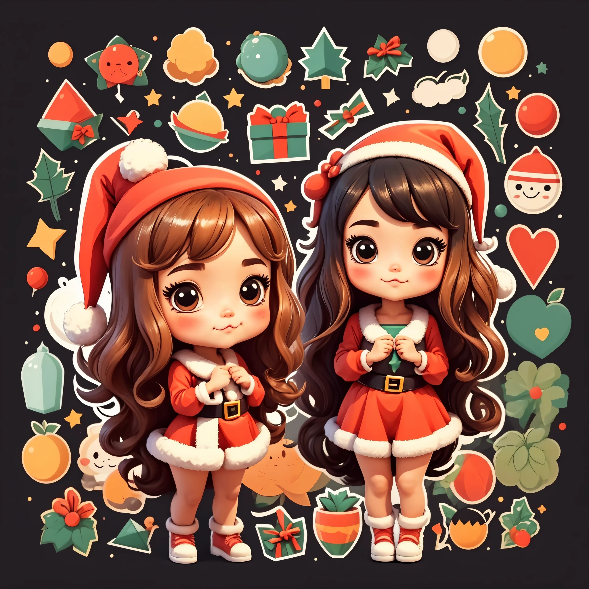 （（（One sticker）））。High quality design vector style image,Happy *********** wearing santa hat，largeeyes，Exquisite Hair，adolable，Clean black background, Professional vector, high detal,