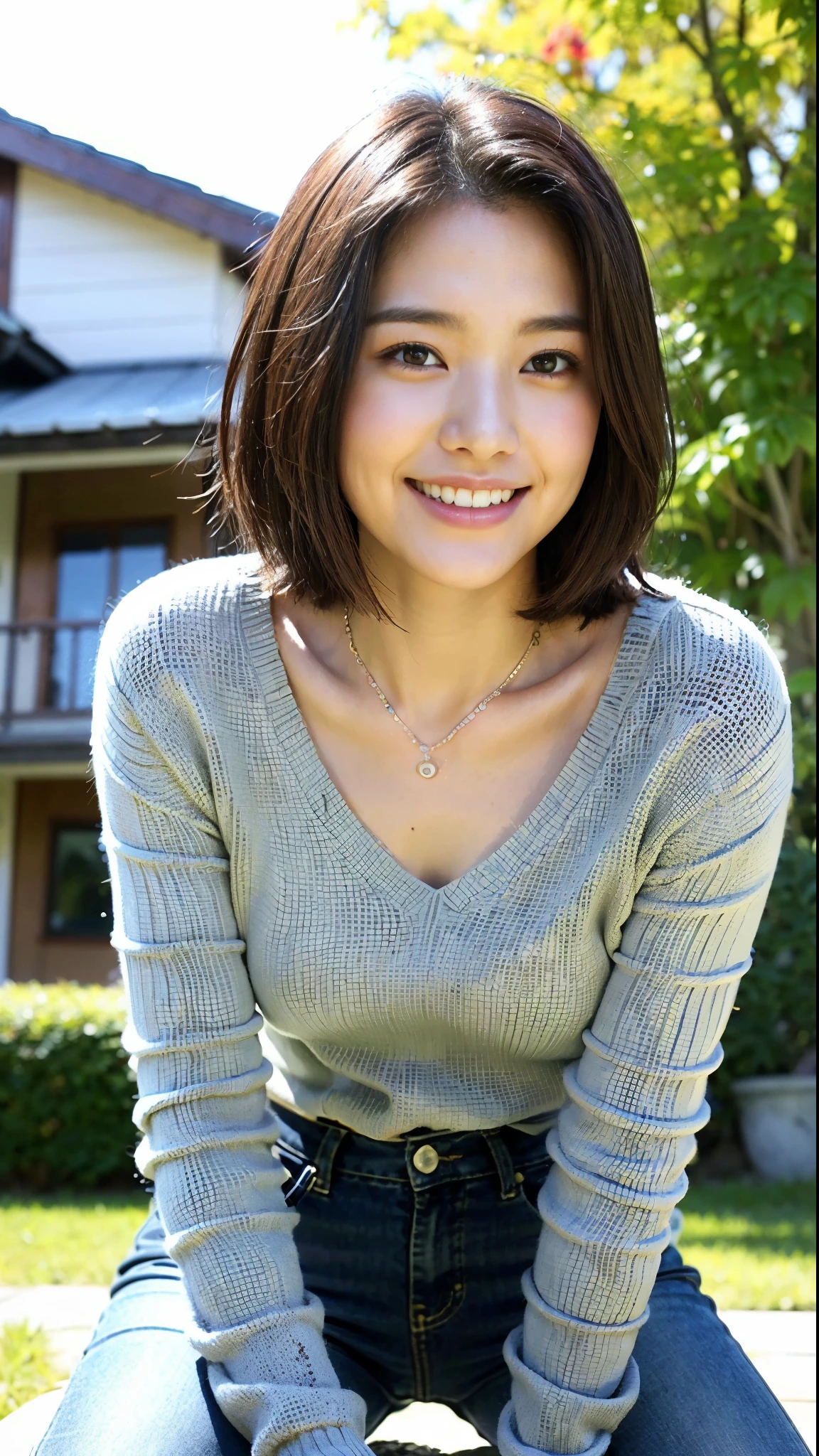 (top-quality、8k、32k、​masterpiece、UHD:1.2)、Photo of cute 21 year old Japan woman、light brown short hair、beauitful face、(Slouched:1.3)、crouching down、(From  above:1.2)、(a closeup:1.4)、pov、Fashionable autumn clothes、Very small bust、outside of house、the wind、shinny skin、blurry backround、a necklace、耳Nipple Ring、Beautiful knees、fine skin slim、A slender、little smiling