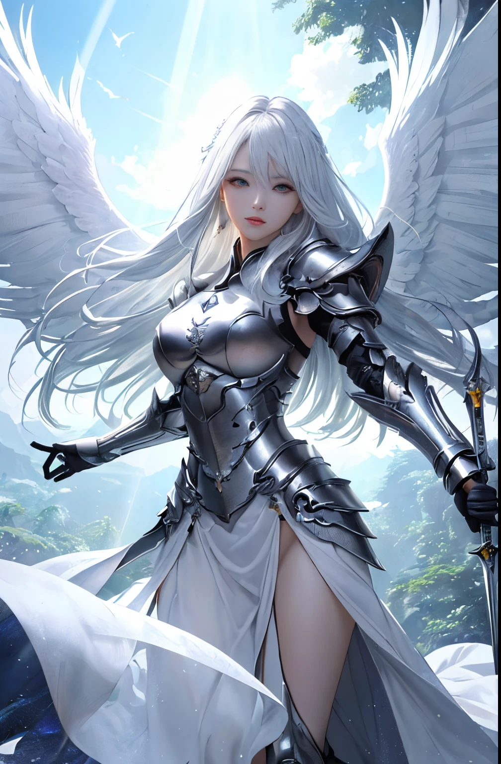 (High-definition movie-level texture) A (female) shows a beautiful (face) and (angel wings). She has (delicate face) and long (white hair), wears tech armor and holds (flaming sword).