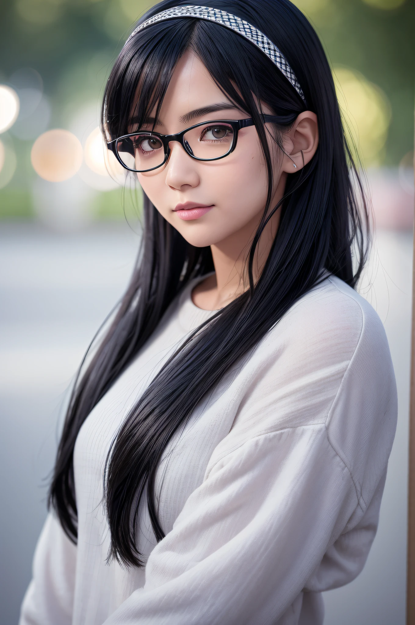 black hair, longeyelashes, solid circle eyes, light smile, medium hair, hairband, bespectacled, mole under eye, Surrealism, drop shadow, anaglyph, stereogram, tachi-e, pov, atmospheric perspective, depth of field, first-person view, bokeh, Sony FE GM, 8k, super detail, ccurate, best quality, UHD