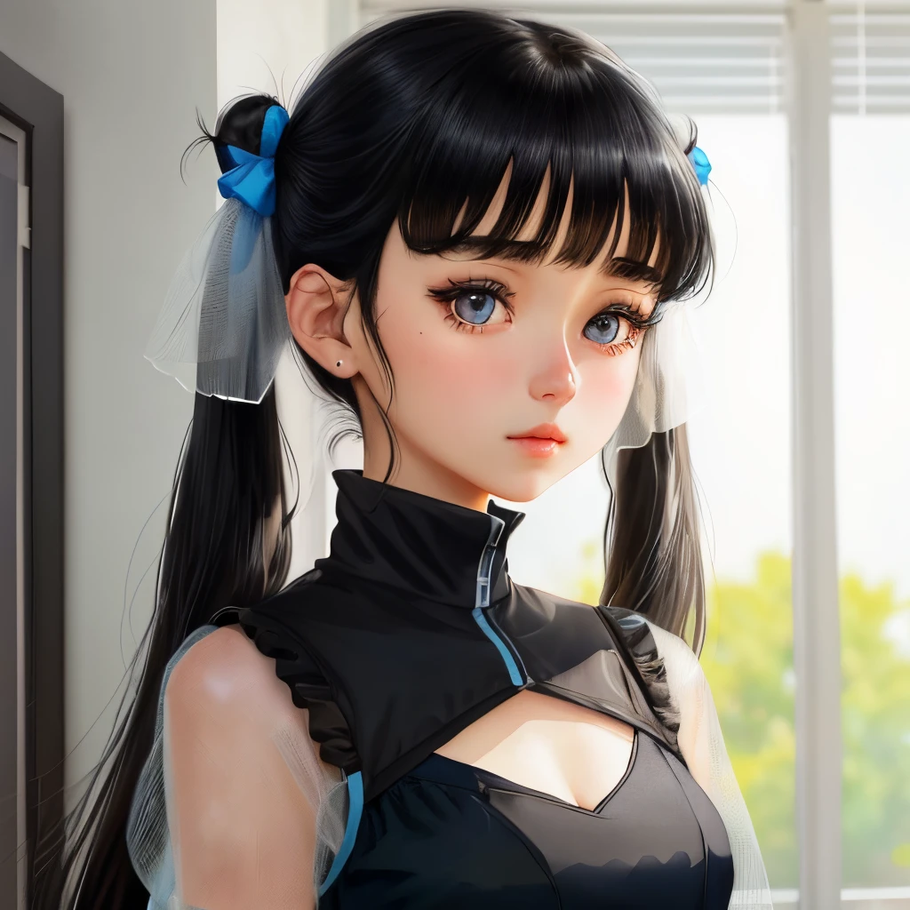 2D girl twin tails black hair blue mesh bangs patsun blue eyes light blue jersey