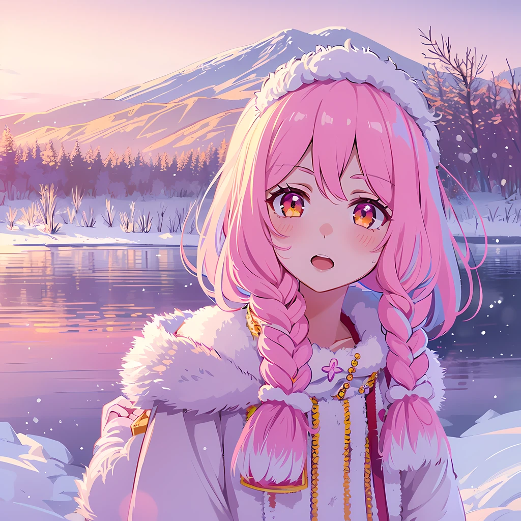 senko-san, loli, big freezed lake, winter, multicolored hair, white hair, pink hair, orange skirt, orange sunset, 1girl, hi resolution, 4k, sakura, snowed lake, pink scratches on a face