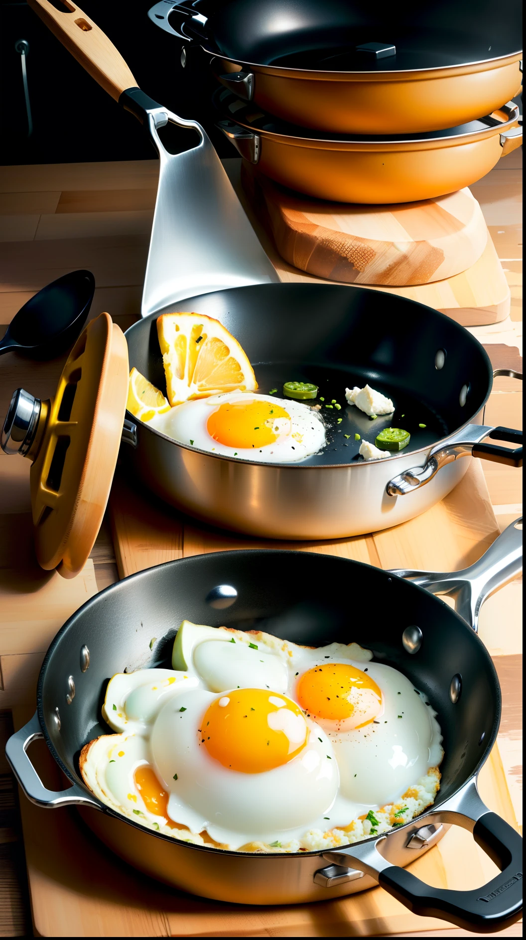 While cooking fried eggs in a frying pan, raise the frying pan to a large size.
