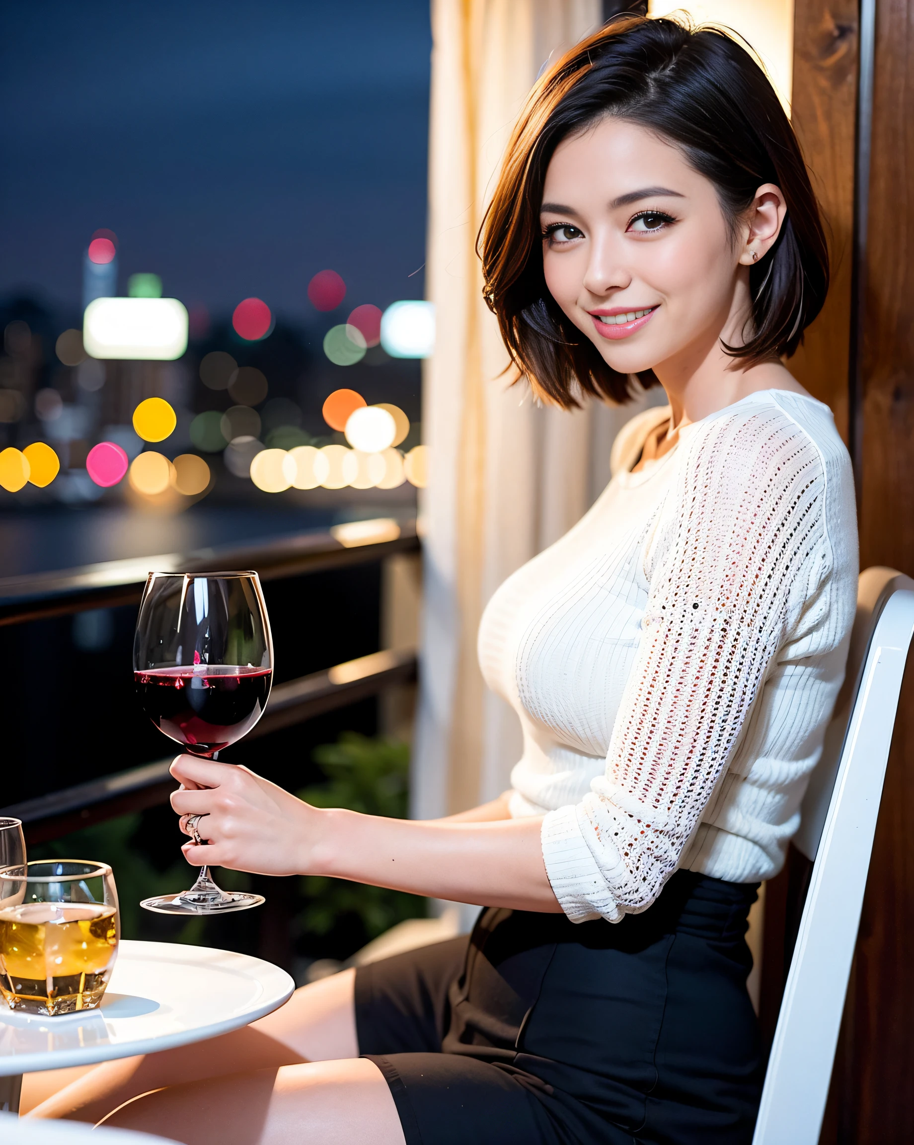 (64K, UHD, top quality, masterpiece: 1.2), (realistic, photorealistic: 1.37), super detailed, pretty woman 1 person, (slim face), (slim body), (brown hair), (short cut), cheeks slightly blushing, (44 years old), 38 years old, solo, beautiful detailed urban night view outside the window, restaurant, wine glasses sit, at night, in a prominent placeNovaFrogStyle, Actress, Model, Waist Up, White Wine, Slim, Wine Glass, Super Clean Night View, Wine Glass Put in the Middle, Happy Smile, (Smile: 1.15), Beautiful Fine Eyes, Upper Body, Bust Japan Up, Night, Short, Short, Actress, Model, Waist Up, White Wine, Slim, Wine Glass, Super Clean Night View, Wine Glass Put in the Middle, Happy Smile,