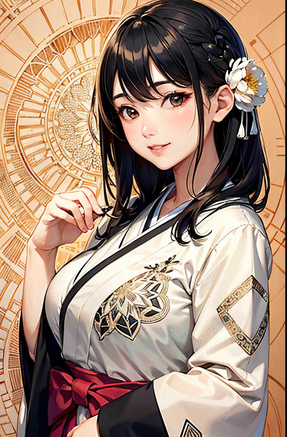 hight resolution、ultra-detailliert、(Ultra detailed backgrounds、detailedbackground)、ighly detailed、1girl in、Pale tones、(Zentangle:1.3)、(Geometry:1.42)、(Symmetrical background:1.4)、(Japan woman at 30 years old)、(Eight-headed body)、florals、cherry trees、Smiling、Photograph the whole body、frombelow、Back lighting、Backlighting of natural light、Tapioca milk tea、Less exposure、A dark-haired、hakama、