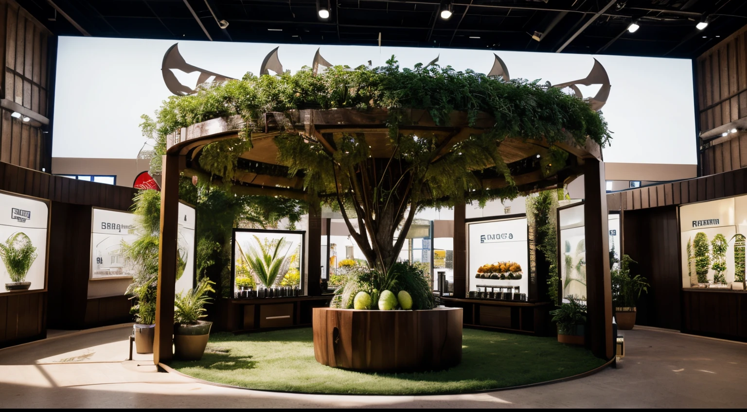 The minimalist Taiwan Fruit exhibition area, the huge booth design, combined with agricultural elements, and the cutout design at the top, provide a broad view, suitable for shooting with a telephoto lens. The top is decorated with multiple hollowed-out structures, including a large green tree-like silhouette suspended in the air. These structures have agricultural style design, creative shape display area at the bottom of the booth, arranged lighting system, RAW photo, SLR, film grain, Fujifilm XT3, full picture, Masterpiece, HD, HD Shadow, 4k,