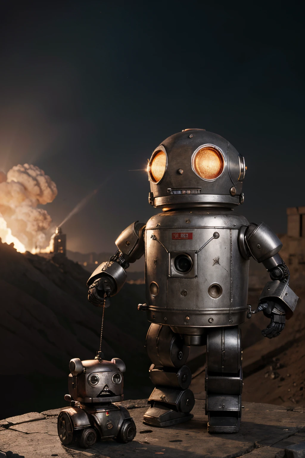A crazy toy with a big one A Soviet one-eyed robot from CCCP, y casco Estilo, Pinzas en las manos, Cabeza de TV, cabeza de alfiler, camuflaje Oro Plata Rosa Oxidado, Atmosphere in the crater of a super-detailed meteorite, centro, Beautiful, Soft lighting, centrado en el personaje, 4k-resolution, Photorealistic rendering,